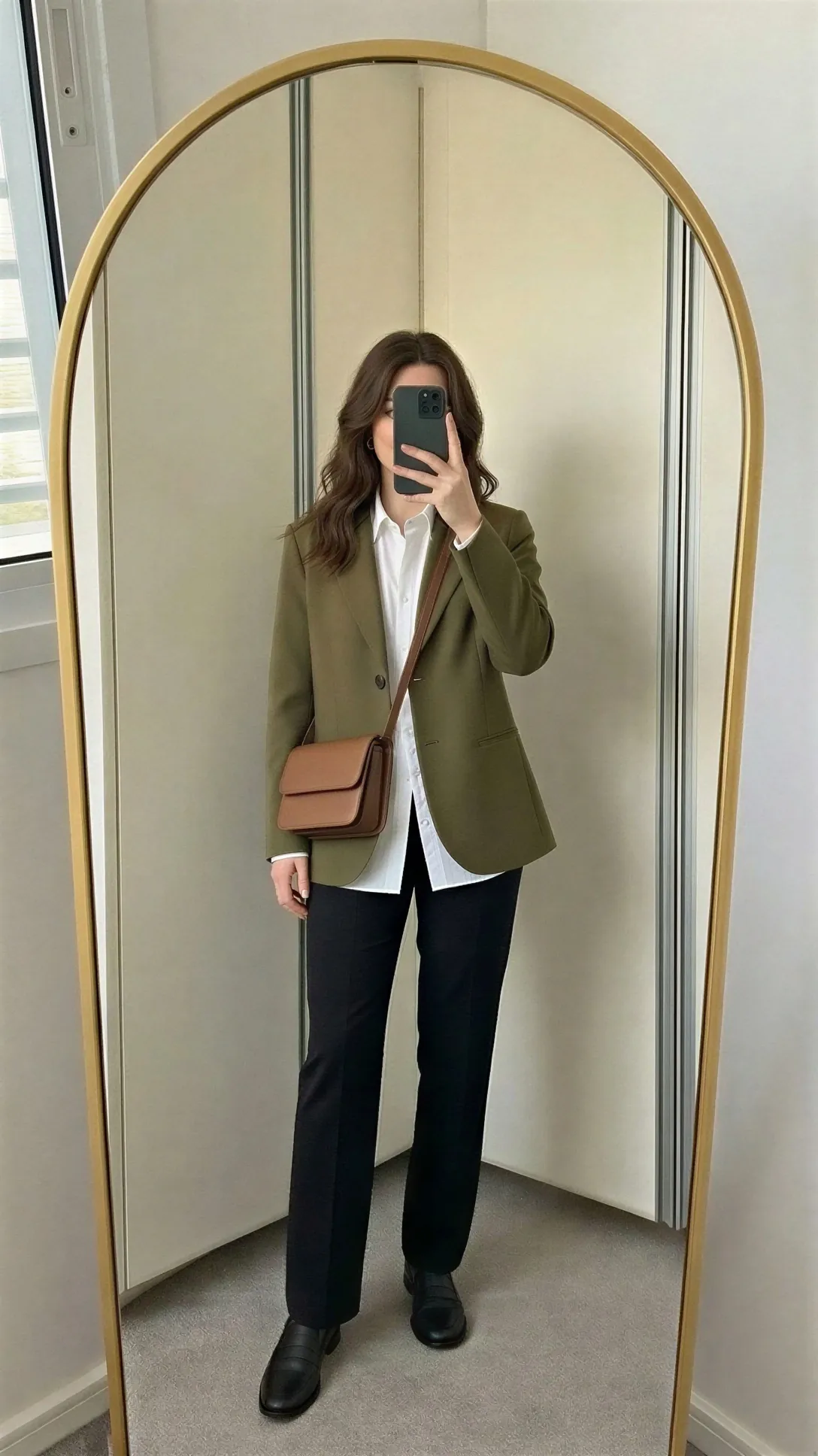 Arket Hopsack Wool Blazer in Olive — worn with black trousers, white shirt and black loafers