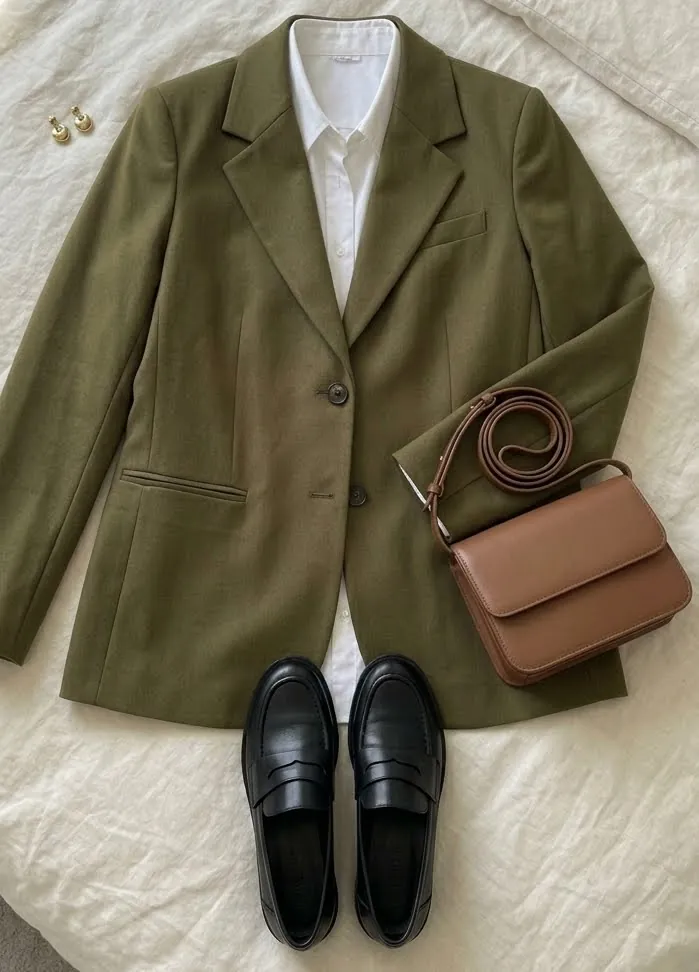 Arket Hopsack Wool Blazer in Olive — flat lay with white shirt, black loafers and tan crossbody bag
