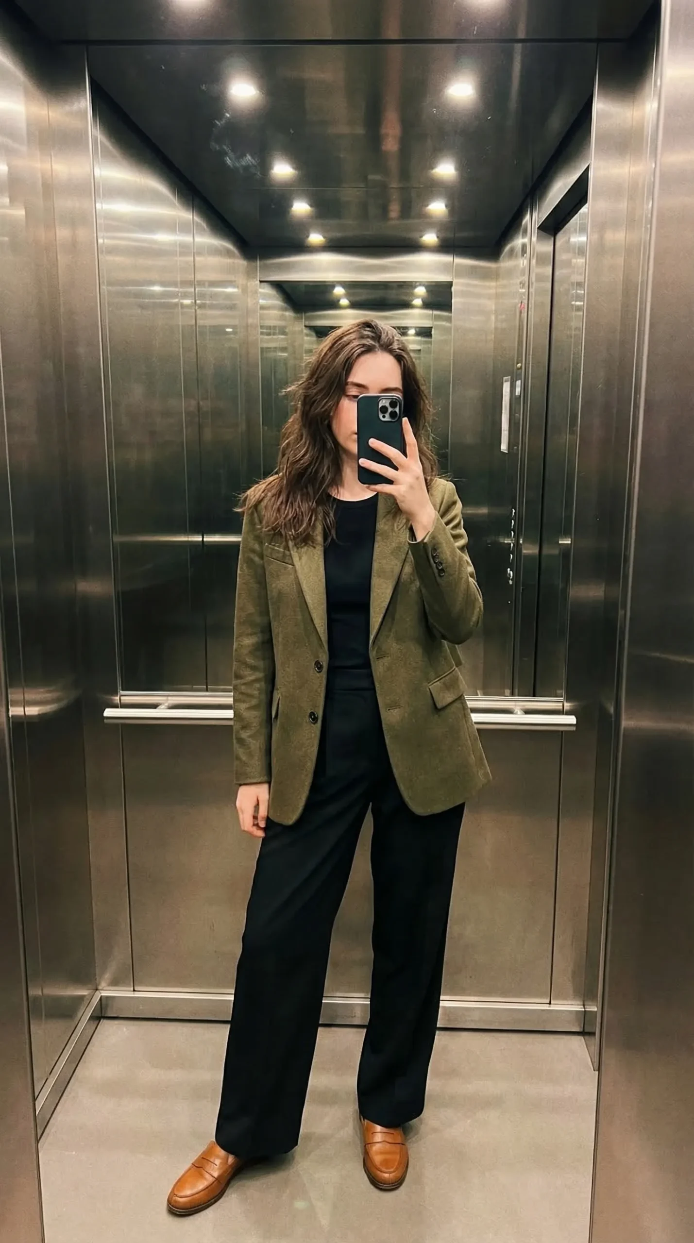 COS Wide-Leg Tailored Twill Trousers — elevator selfie with olive Arket blazer and cognac loafers