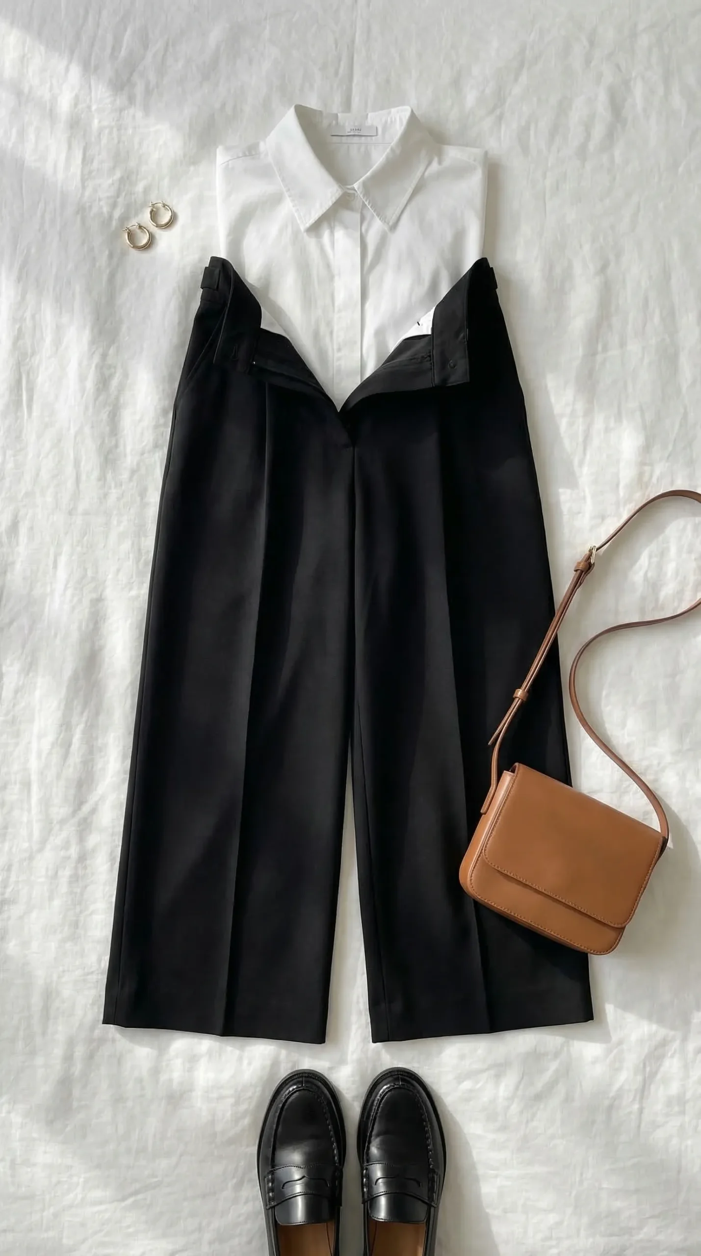 COS Wide-Leg Tailored Twill Trousers — flat lay with white shirt, black loafers and tan crossbody bag