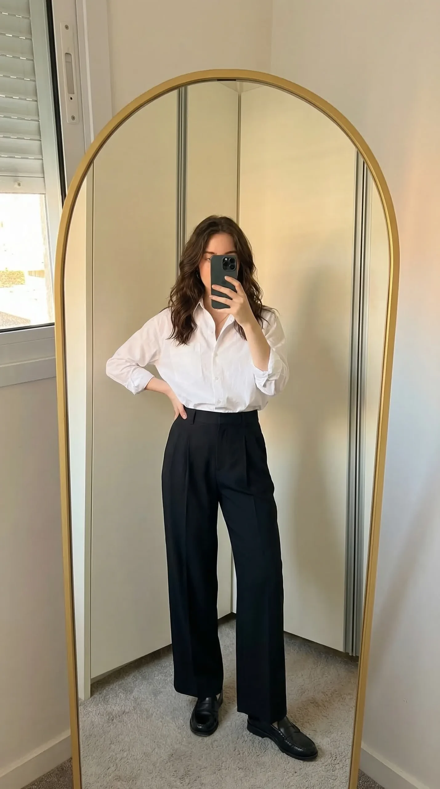 COS Wide-Leg Tailored Twill Trousers — mirror selfie with white shirt and black loafers