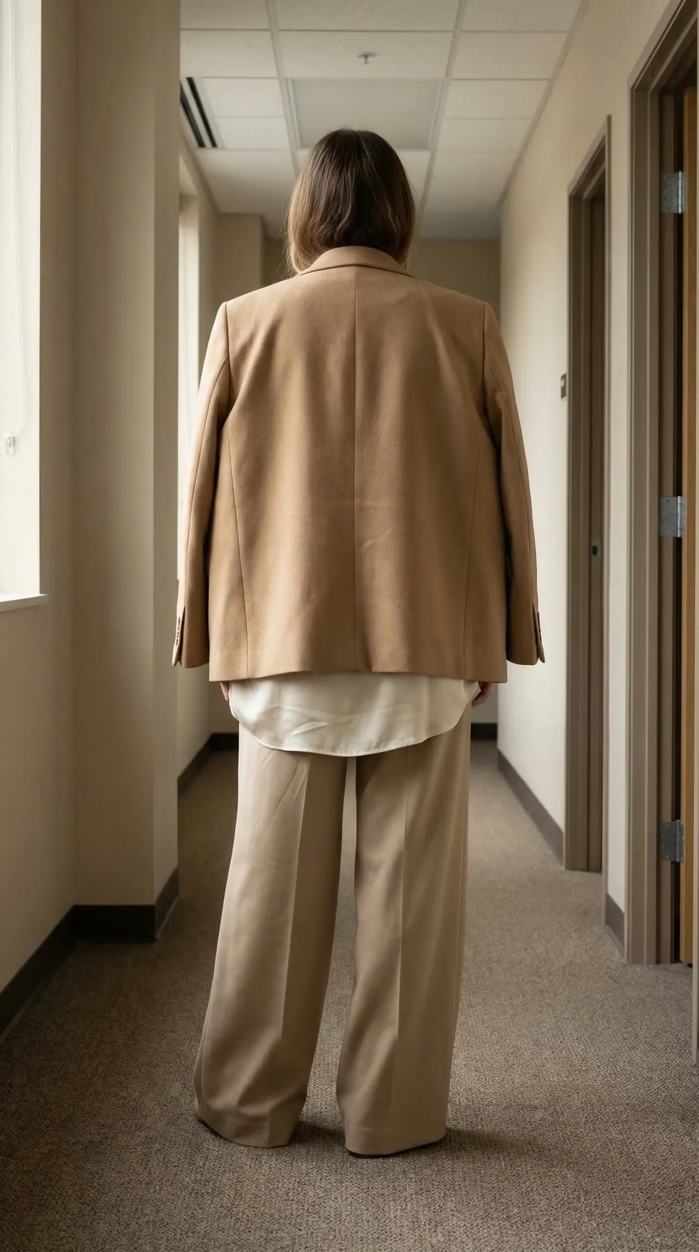 Woman from behind wearing beige trousers, cream top and camel blazer — the outfit reads as one shapeless block with no visible waist