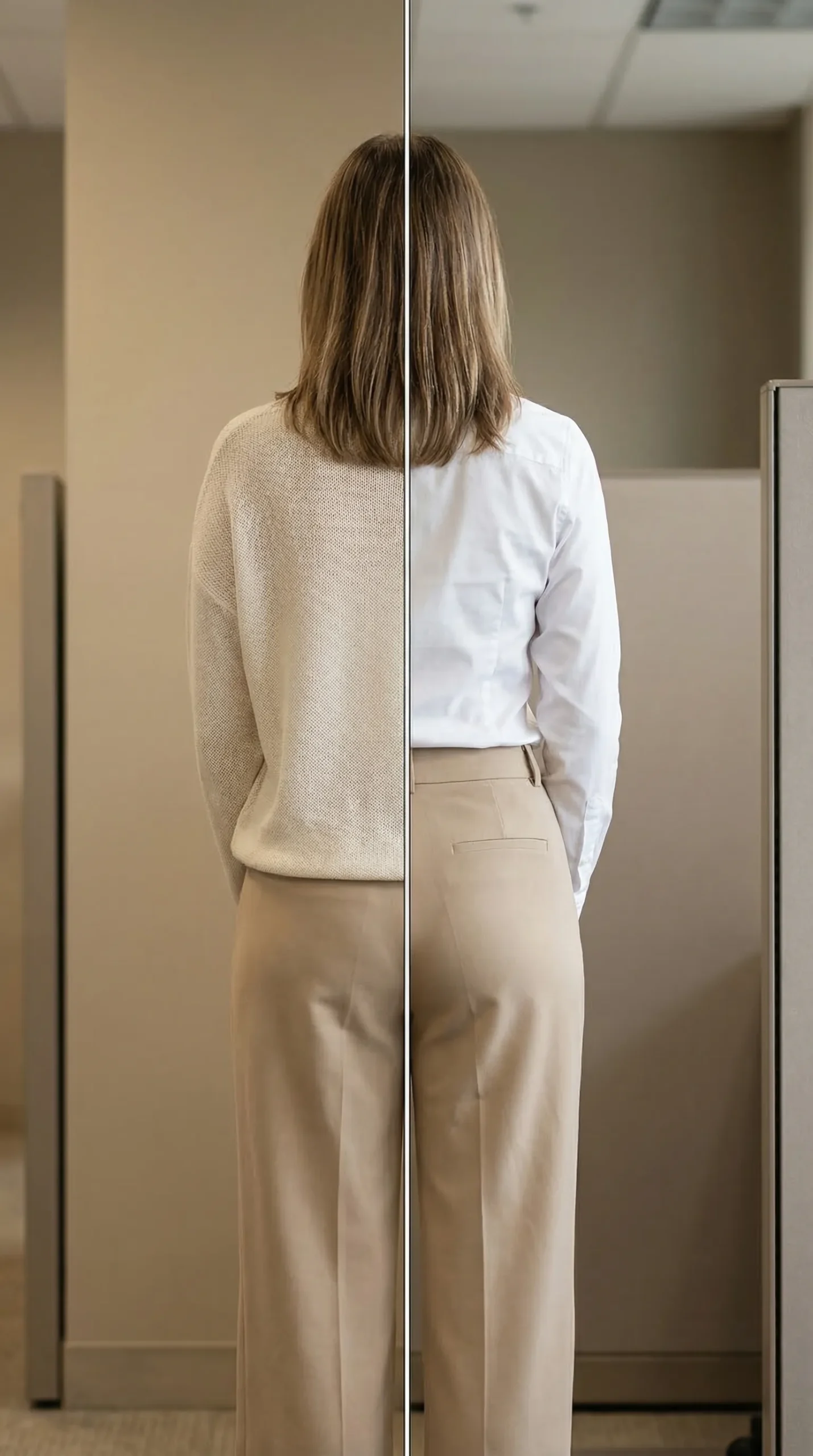 Split image: left side woman in same-value cream and beige — no defined waist; right side same woman with white shirt creating a clear contrast boundary at the waist