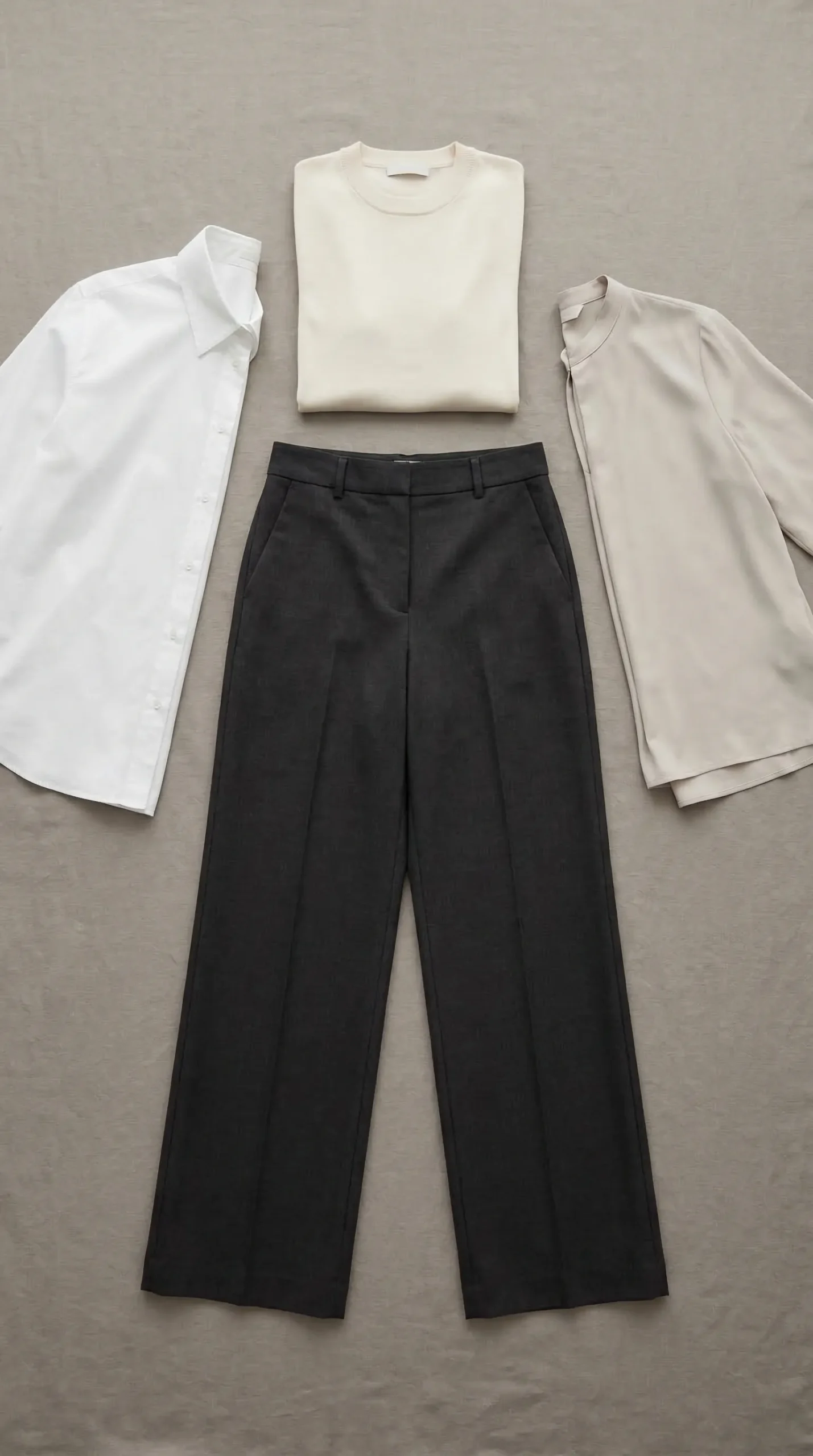 Flat lay of dark charcoal wide-leg trousers with three lighter tops arranged around them — white shirt, cream knit, stone blouse — each creating an automatic contrast boundary