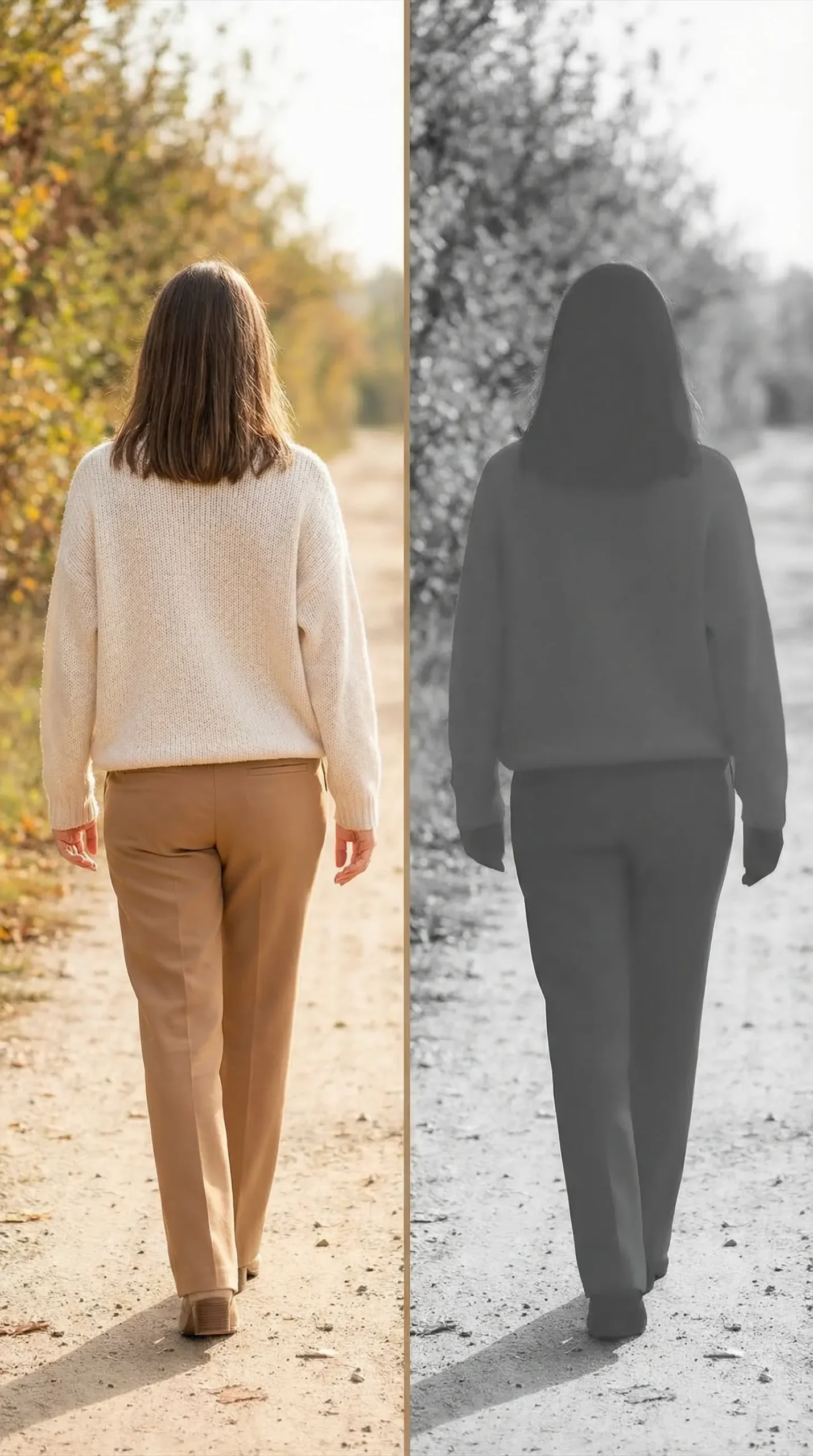 Split image: left side color photo of cream and camel outfit; right side same outfit in black and white — becomes one undifferentiated grey blob