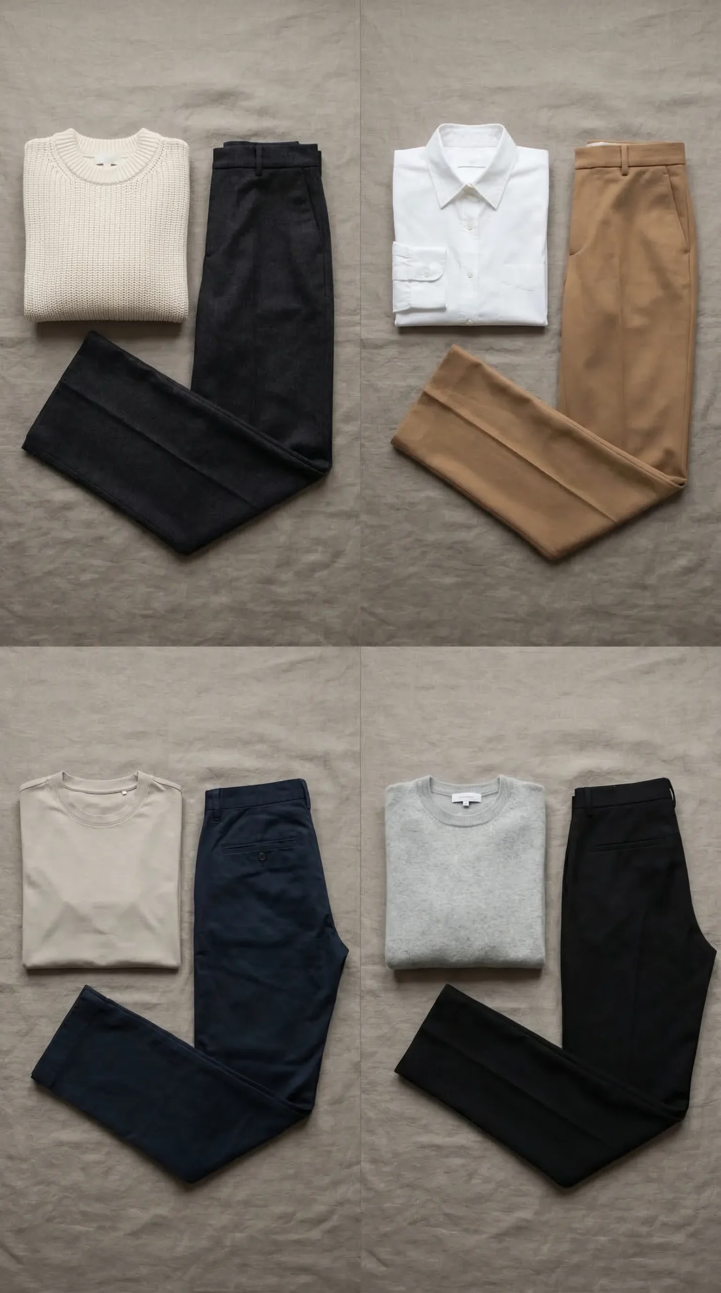 Four flat lay outfit combinations showing light top paired with dark bottom — cream with charcoal, white with camel, stone with navy, grey with black