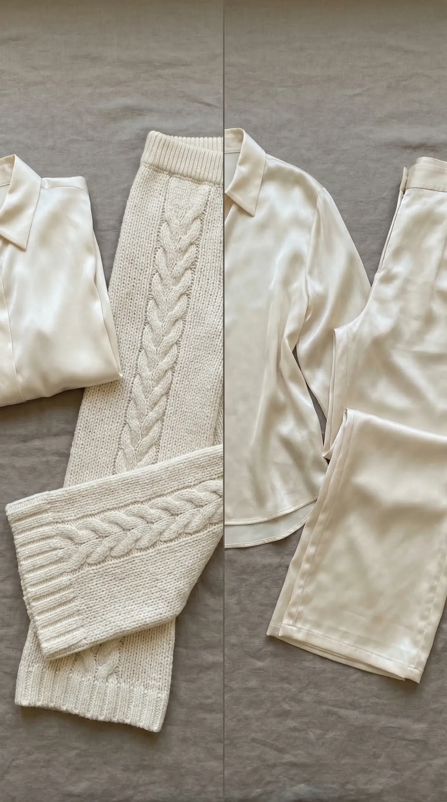 Split image: left side cream silk blouse next to cream cable-knit trousers — dramatic texture contrast makes them visually distinct; right side cream silk with cream satin — both smooth, they blend into one