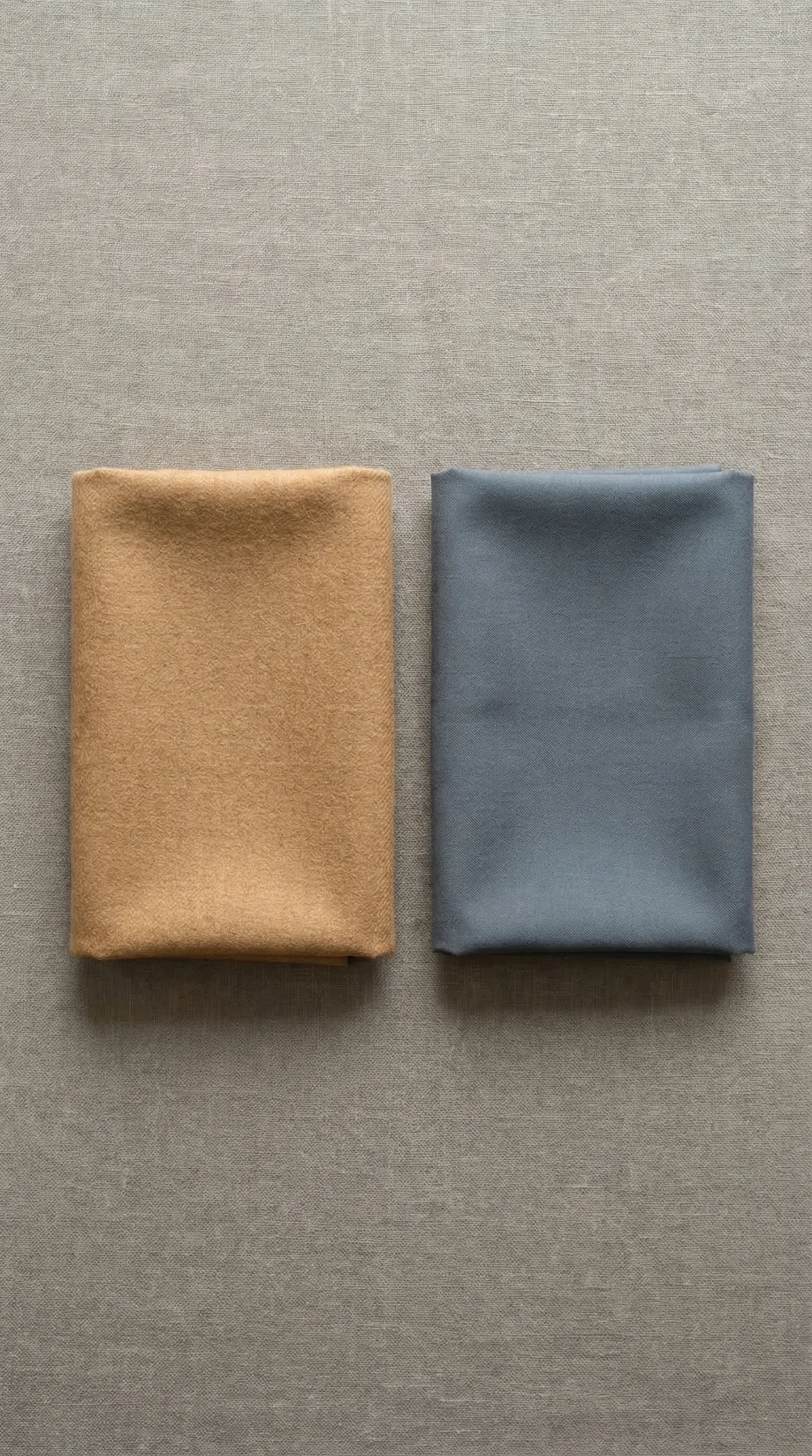 Two fabric swatches side by side — warm camel on the left and cool grey on the right — showing how warm and cool undertones create visual tension even at similar lightness levels