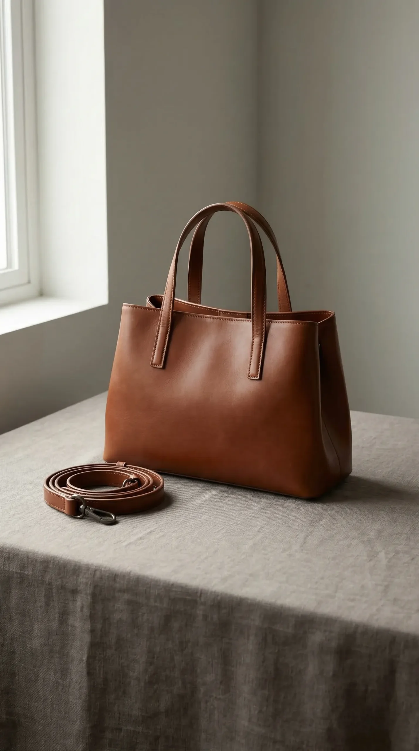 A single tan semi-polished leather top-handle shoulder bag in natural light — medium scale, semi-structured, detachable strap, clearly meeting-ready