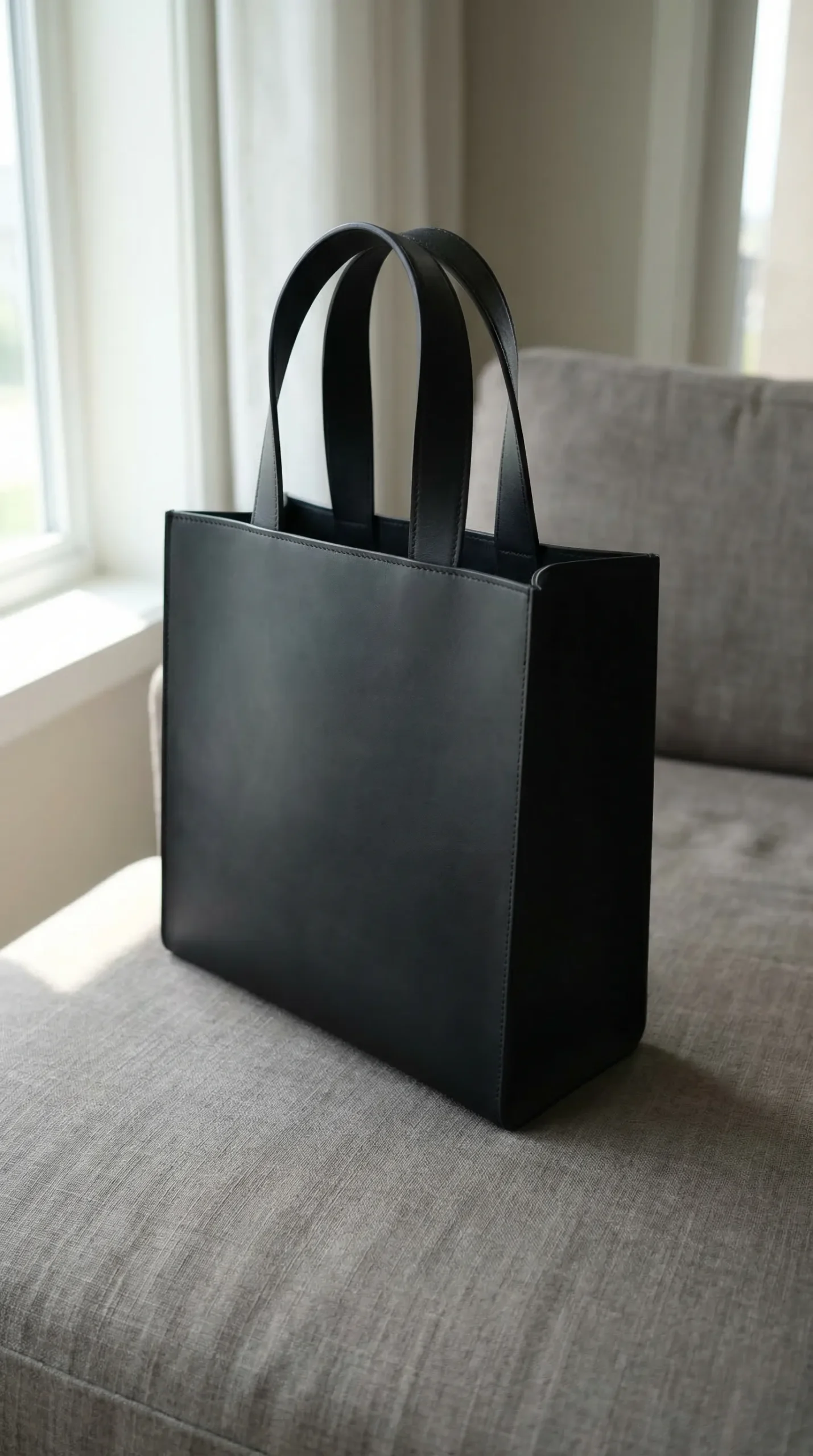 A single structured black leather tote standing upright in natural light — four clean sides, top handles, minimal design, holds its shape completely