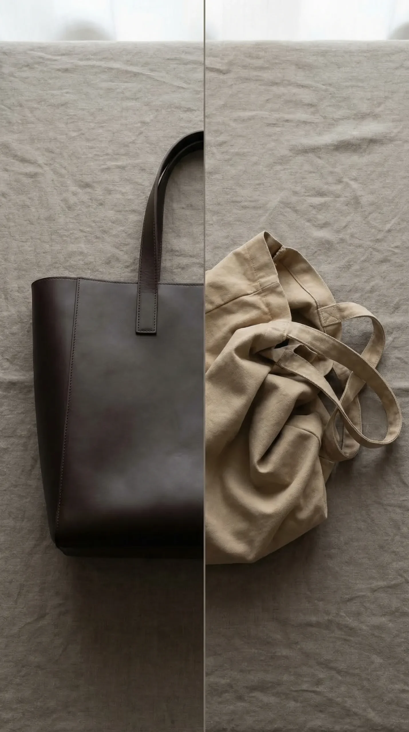 Split image: left side a structured dark leather tote standing upright holding its shape; right side a similar-sized unstructured canvas bag collapsed and sagging — the contrast in signals is immediate