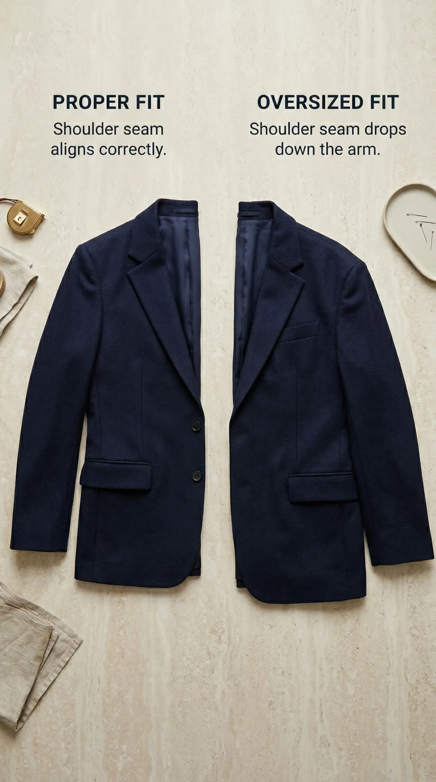 Business casual blazer fit for women — correct shoulder seam versus oversized comparison