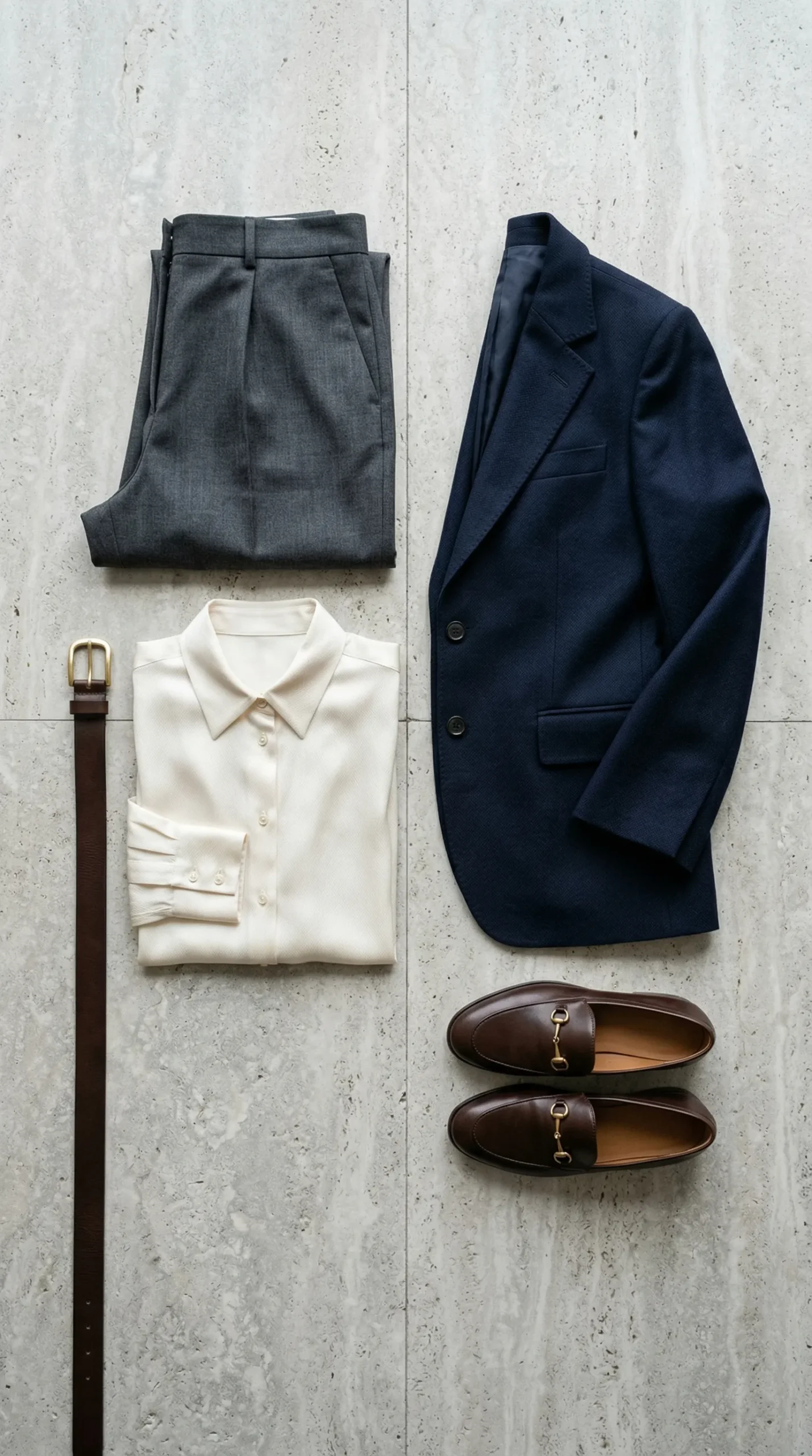Business casual capsule wardrobe essentials for women — tailored trousers, silk blouse, blazer and loafers
