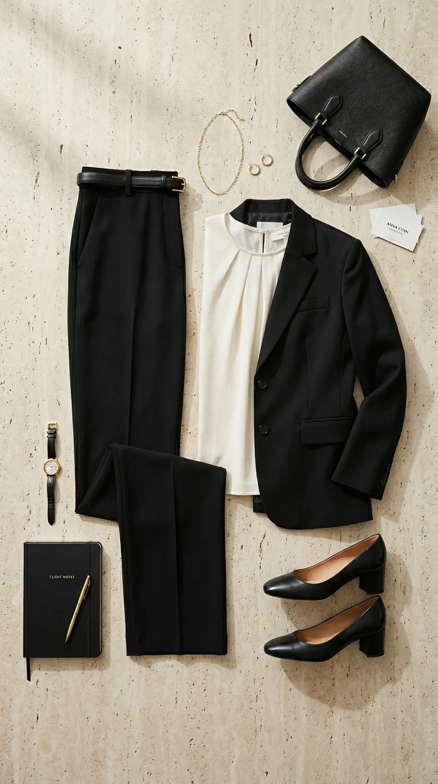 Business casual outfit for women for client meetings — tailored trousers, structured blouse and blazer