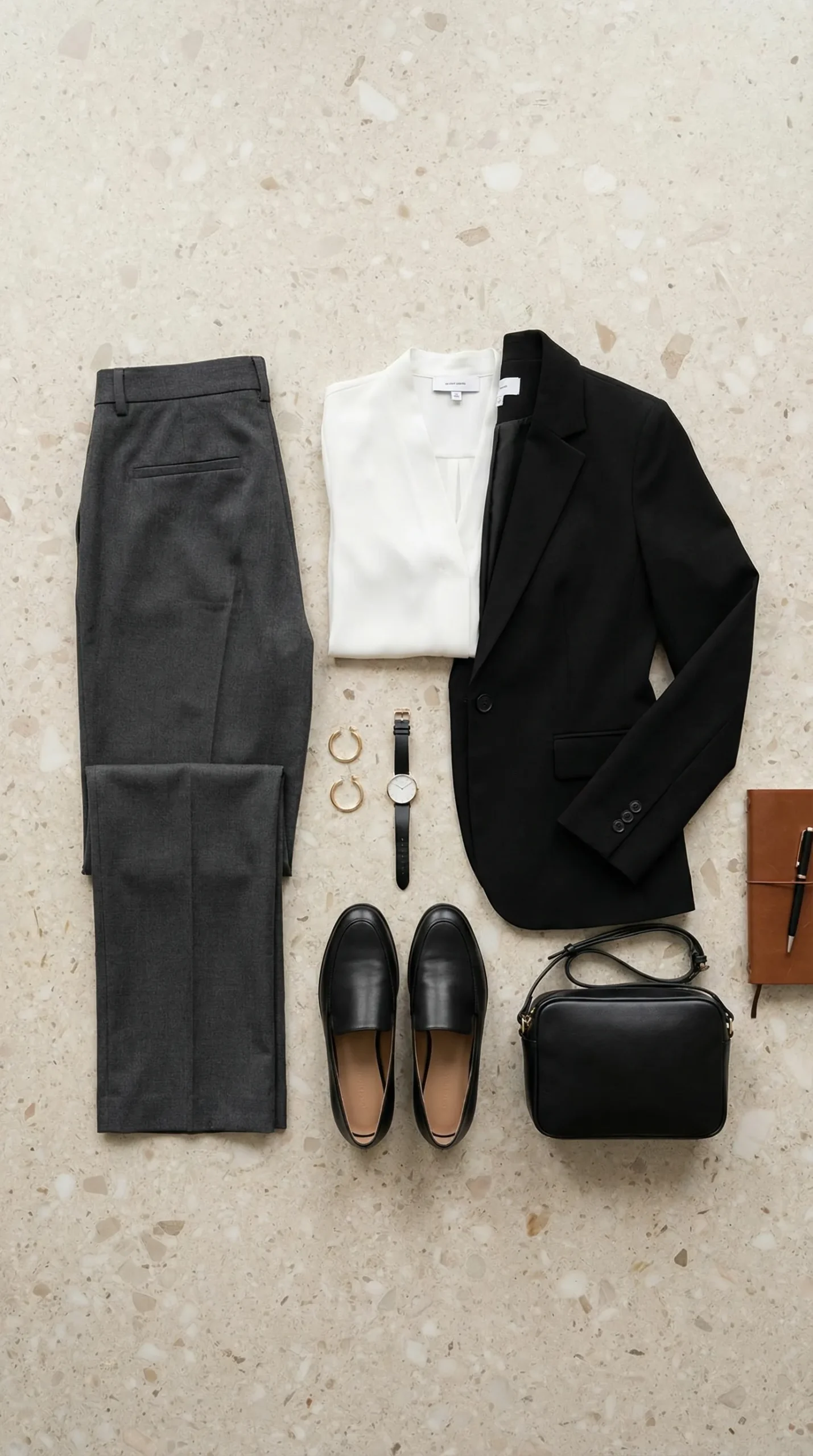 Business casual outfit for women in corporate and finance environments — tailored trousers, blazer and structured bag