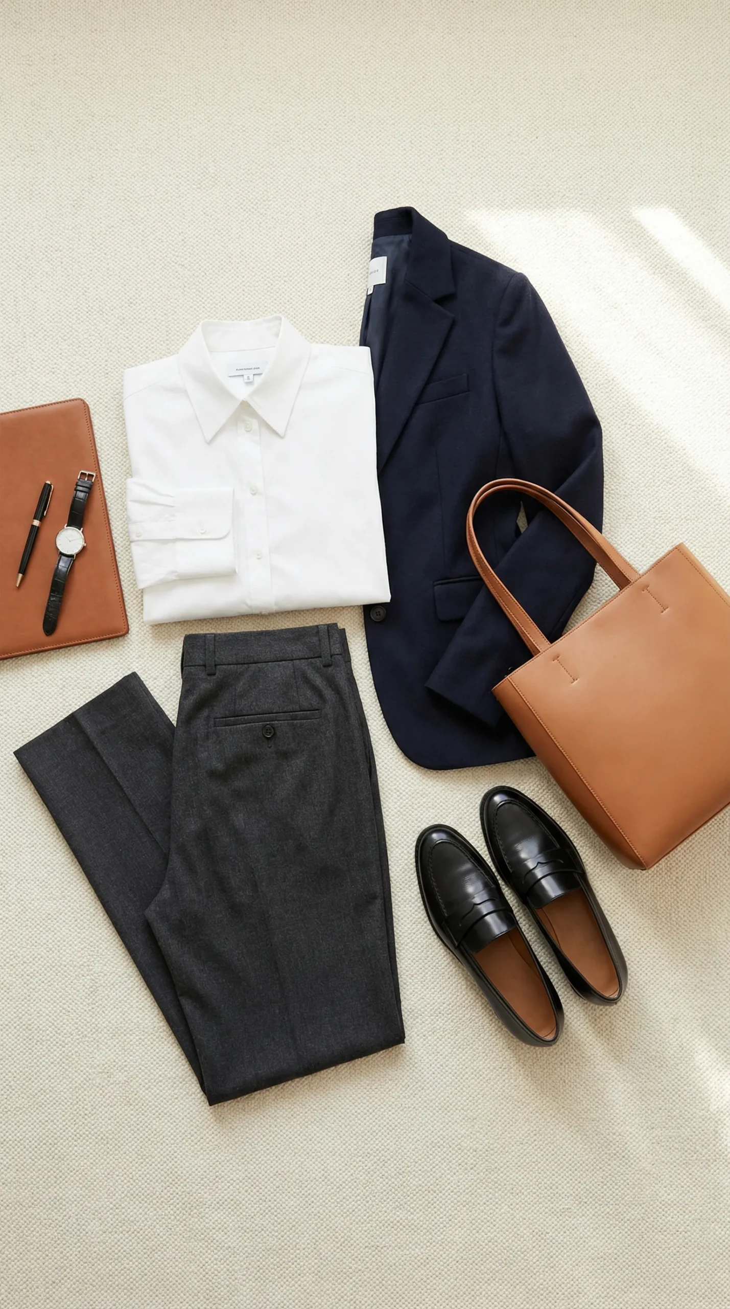 Business casual outfit for women job interview — tailored trousers, blazer and structured bag