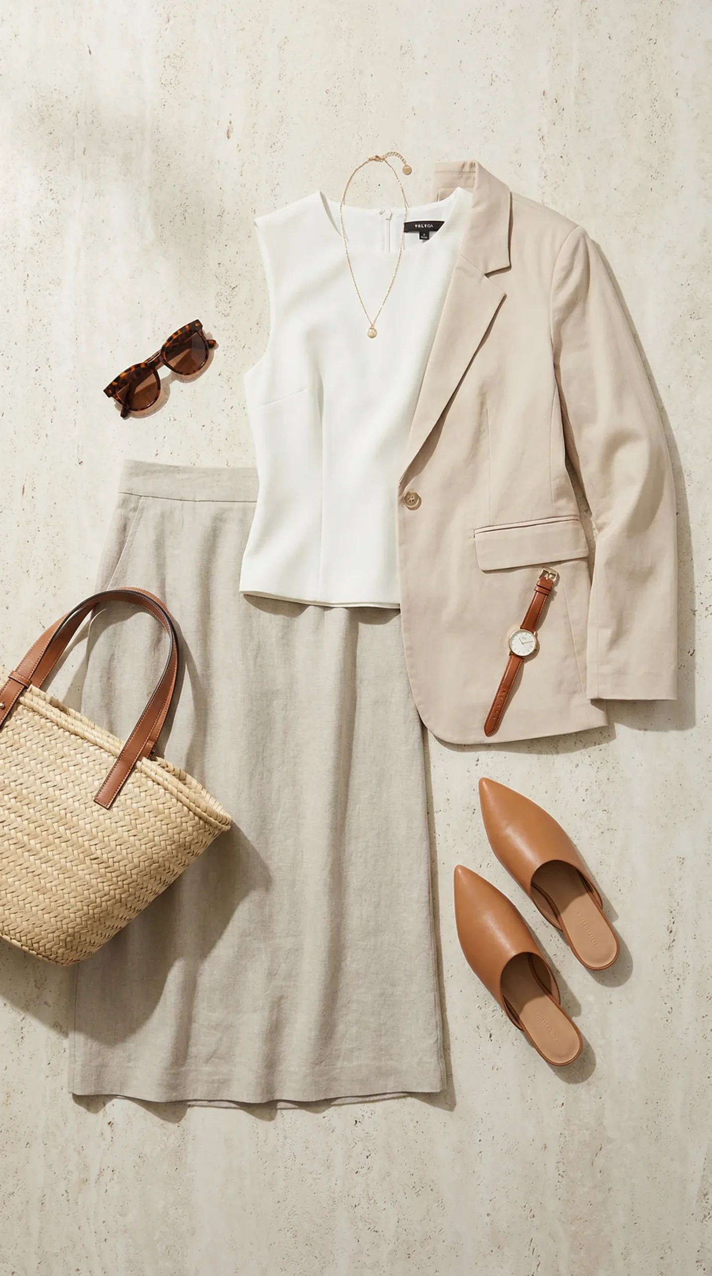 Summer business casual outfit for women — linen blend skirt, sleeveless shell top and cotton blazer