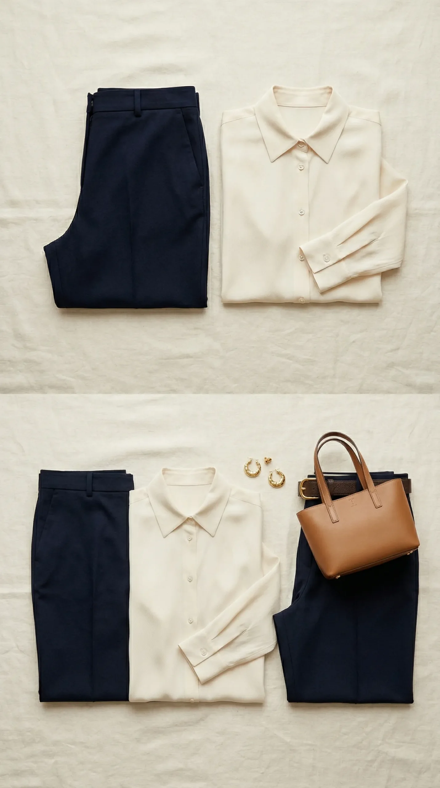 Business casual third item rule for women — outfit without and with structured bag, belt and earring