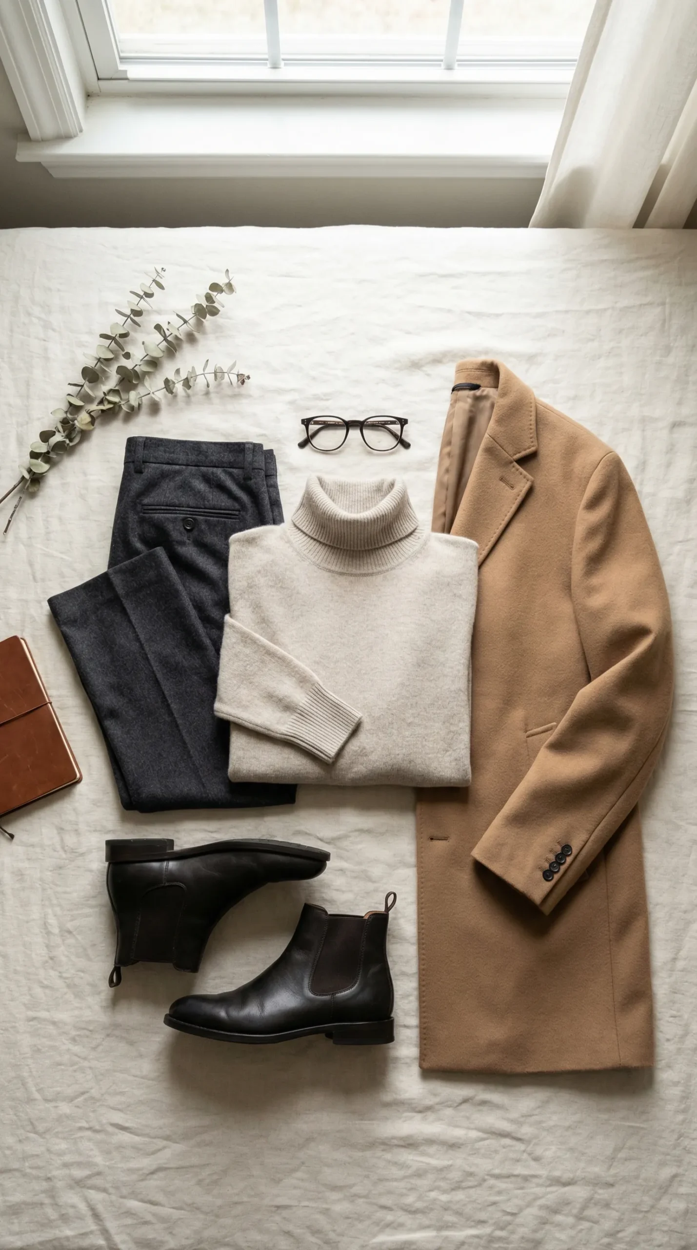 Winter business casual outfit for women — wool trousers, turtleneck, tailored camel coat and ankle boot