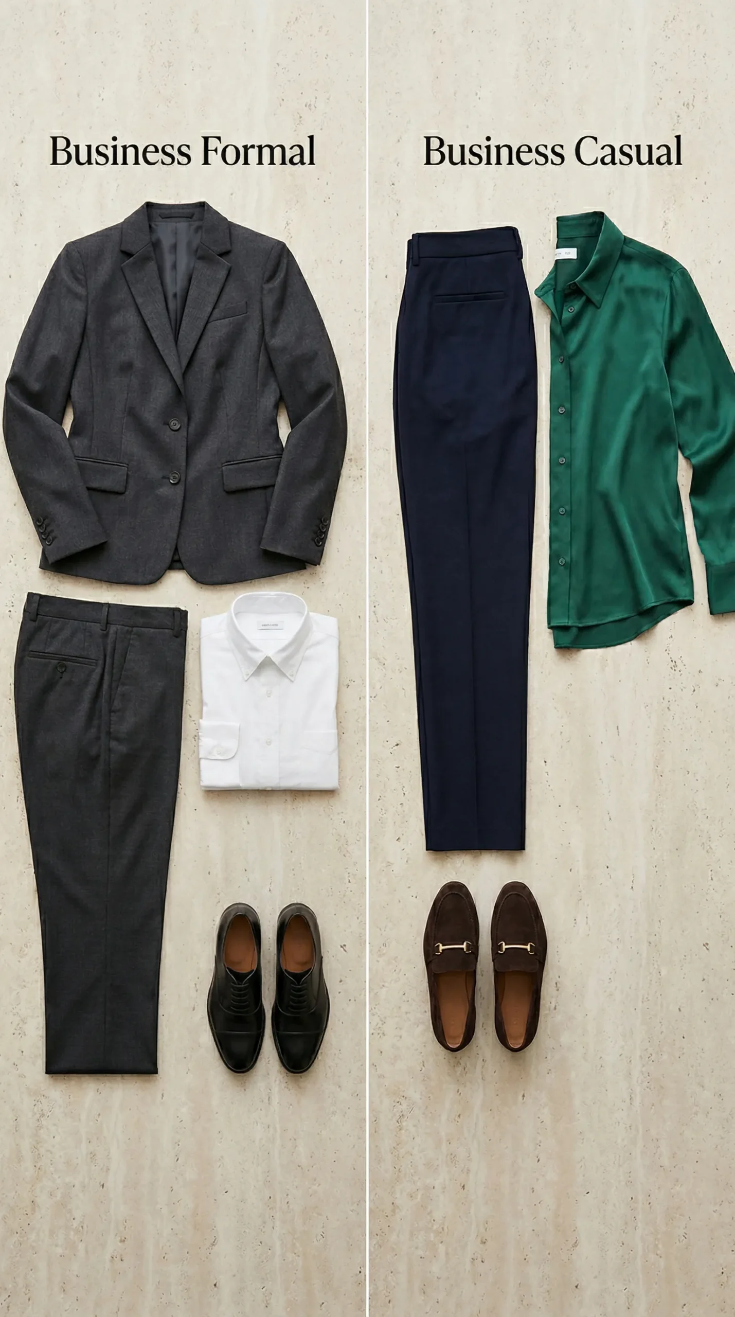 Business casual vs business formal outfit comparison for women — tailored trousers and blouse versus full suit