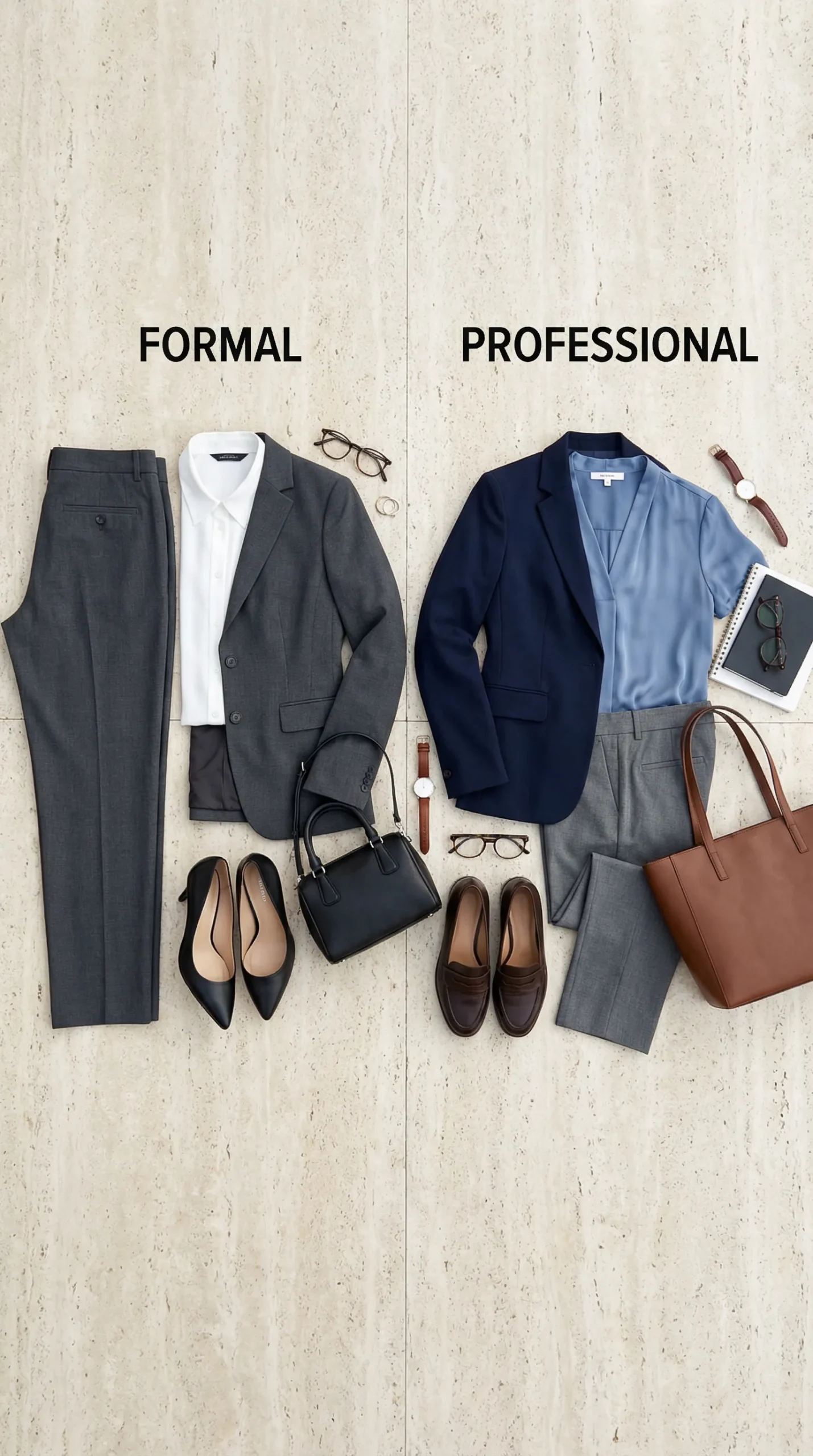 Business formal vs business professional outfit comparison for women