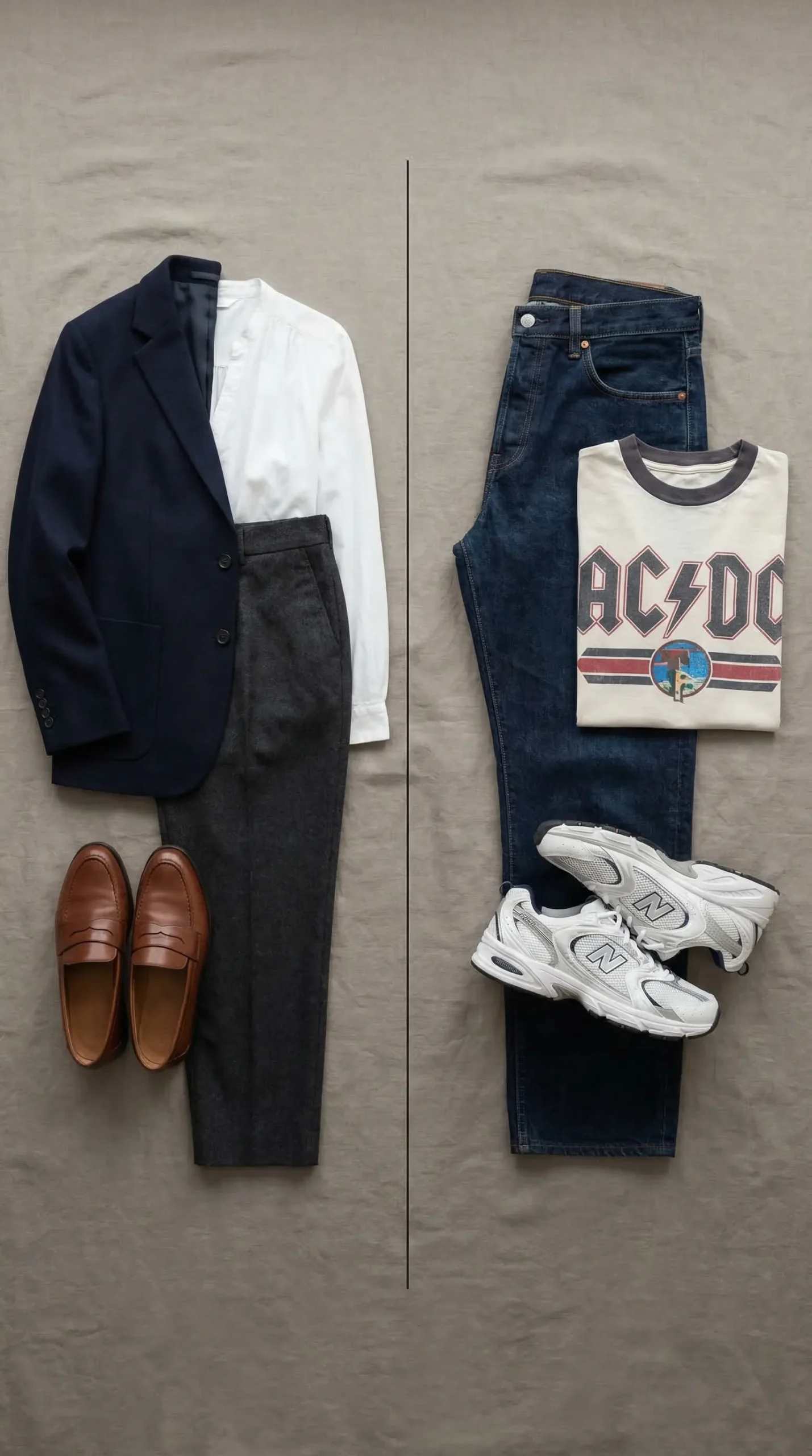 Split flat lay: correct business casual on the left, wrong combination with graphic tee and sneakers on the right
