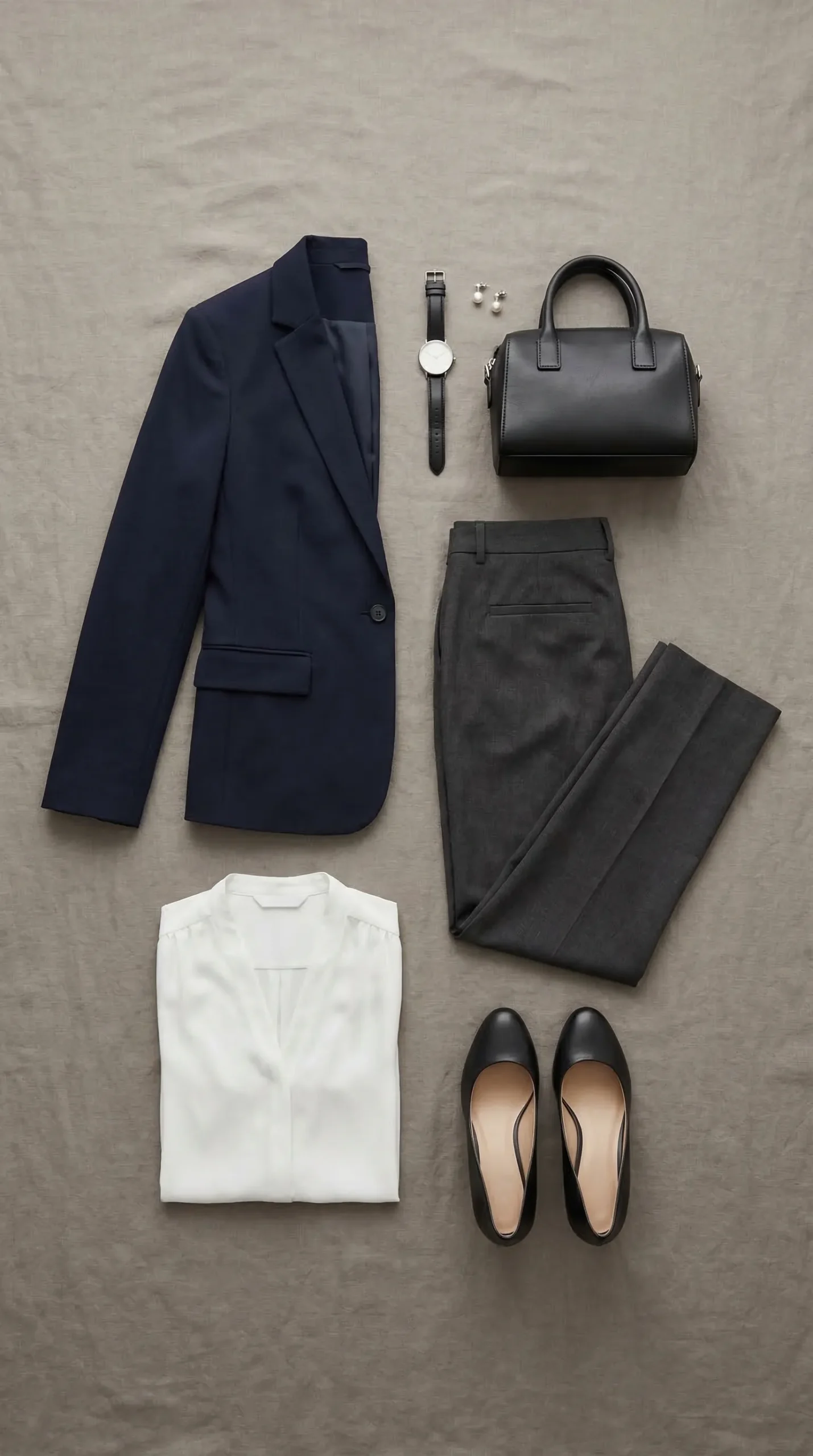 Complete business professional outfit flat lay — navy blazer, white blouse, charcoal trousers, closed-toe pumps, structured bag and minimal accessories
