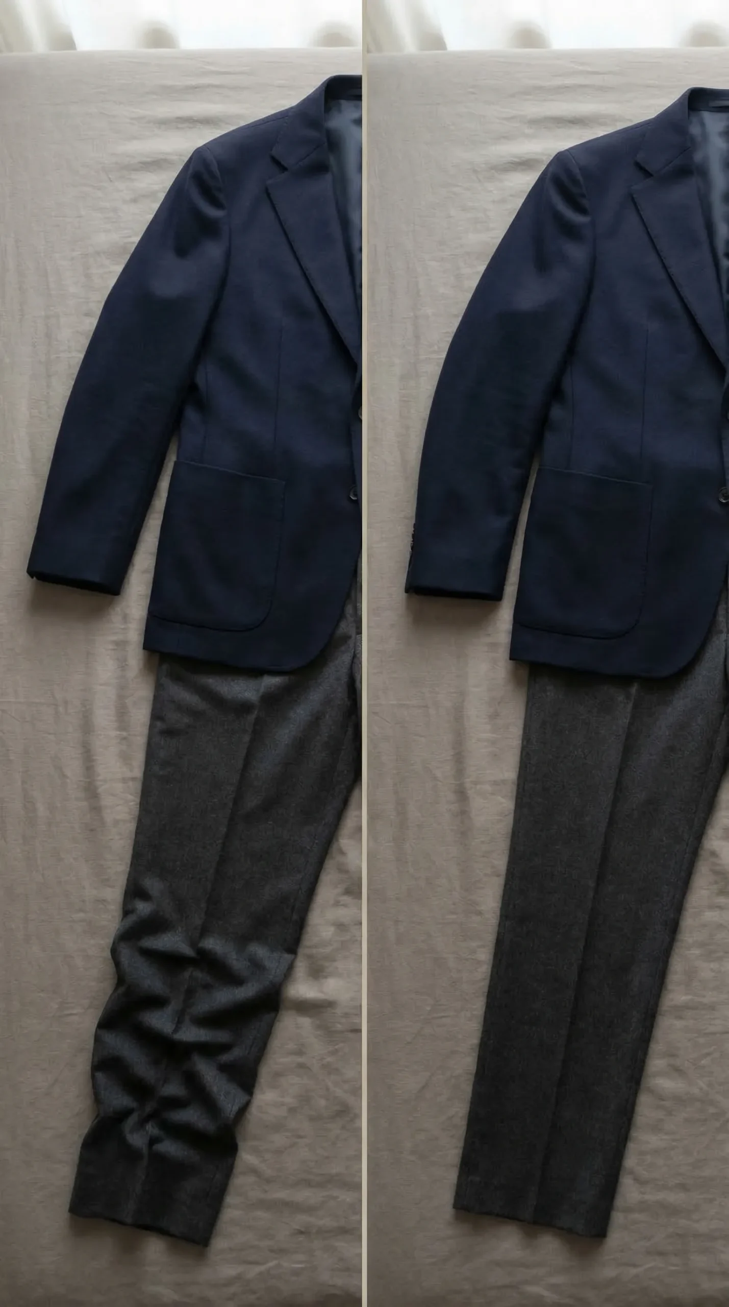Split flat lay — left side showing fit problems, right side showing correct shoulder seam and trouser break