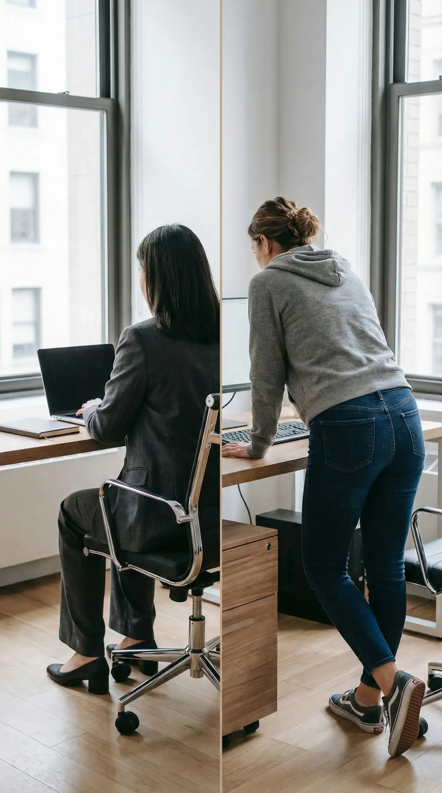 Two women at office desks from behind — one formally dressed, the other in casual hoodie and jeans