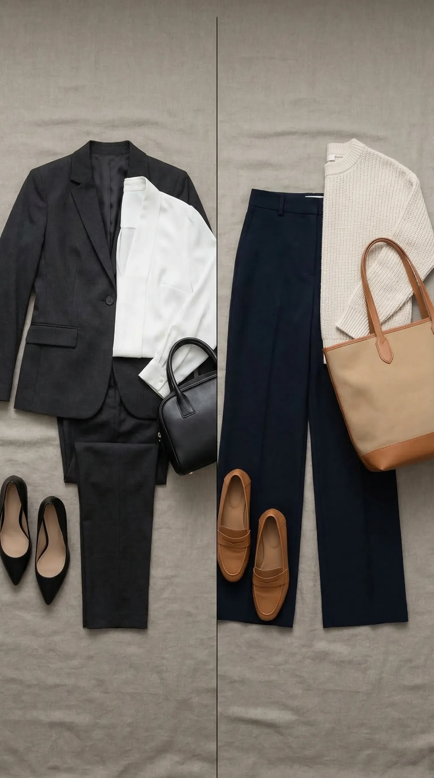 Split flat lay — Finance register on left with dark suit and pumps, Creative/Tech register on right with trousers and loafers