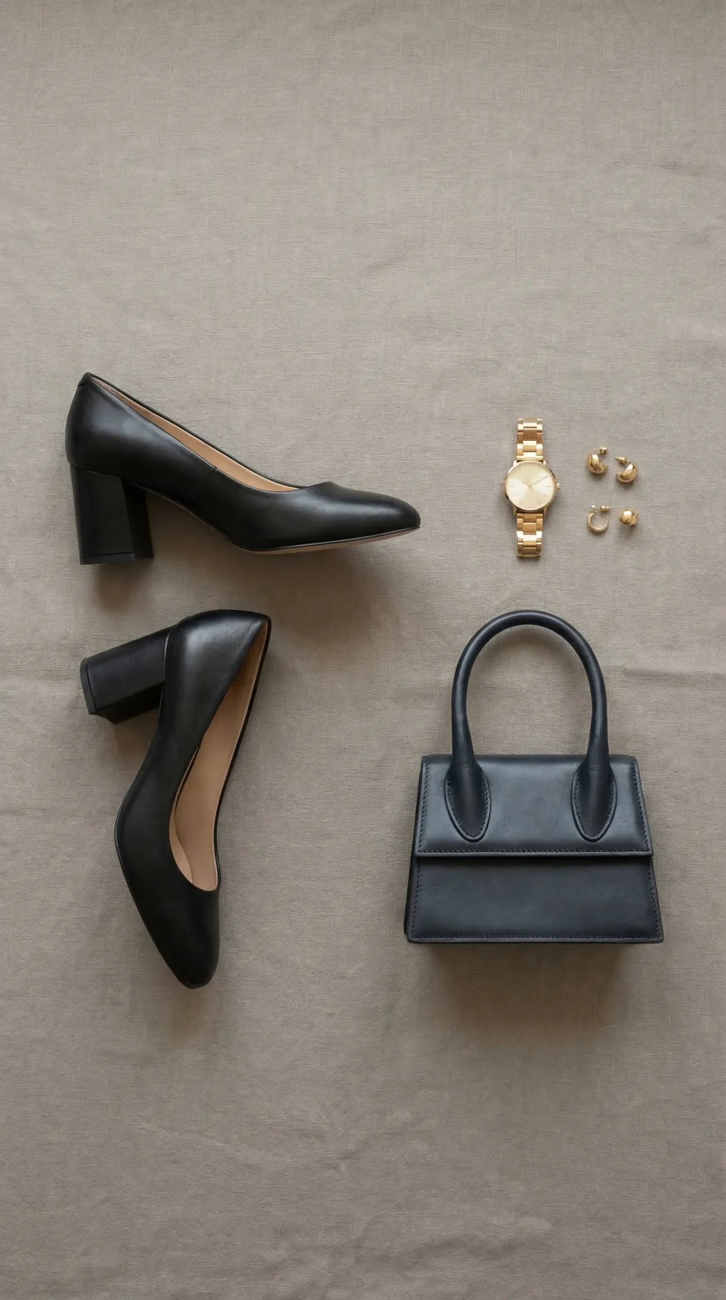 Flat lay of business professional accessories — closed-toe black pumps, structured leather bag, gold watch and stud earrings