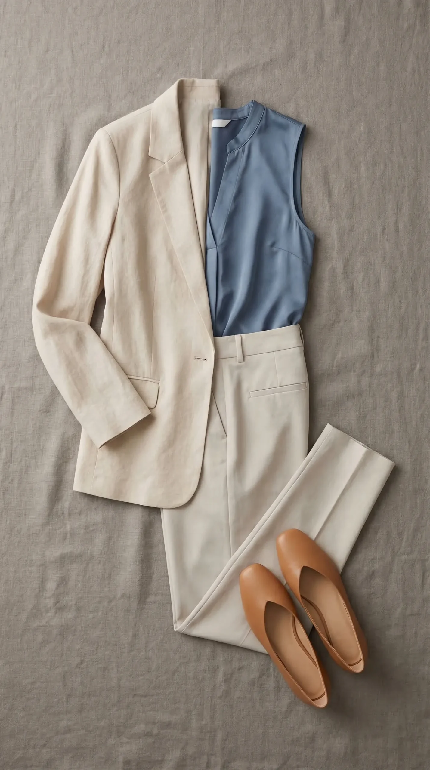Summer office outfit flat lay — sleeveless blouse, lightweight linen-blend blazer and tailored trousers with tan flats