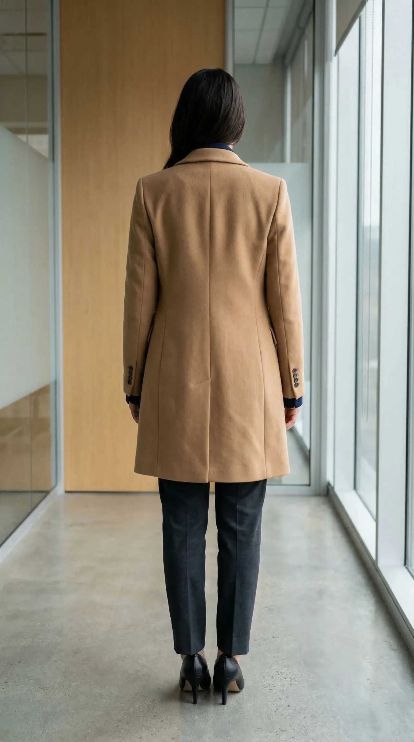 Woman from behind wearing a structured camel wool overcoat over navy blazer and charcoal trousers