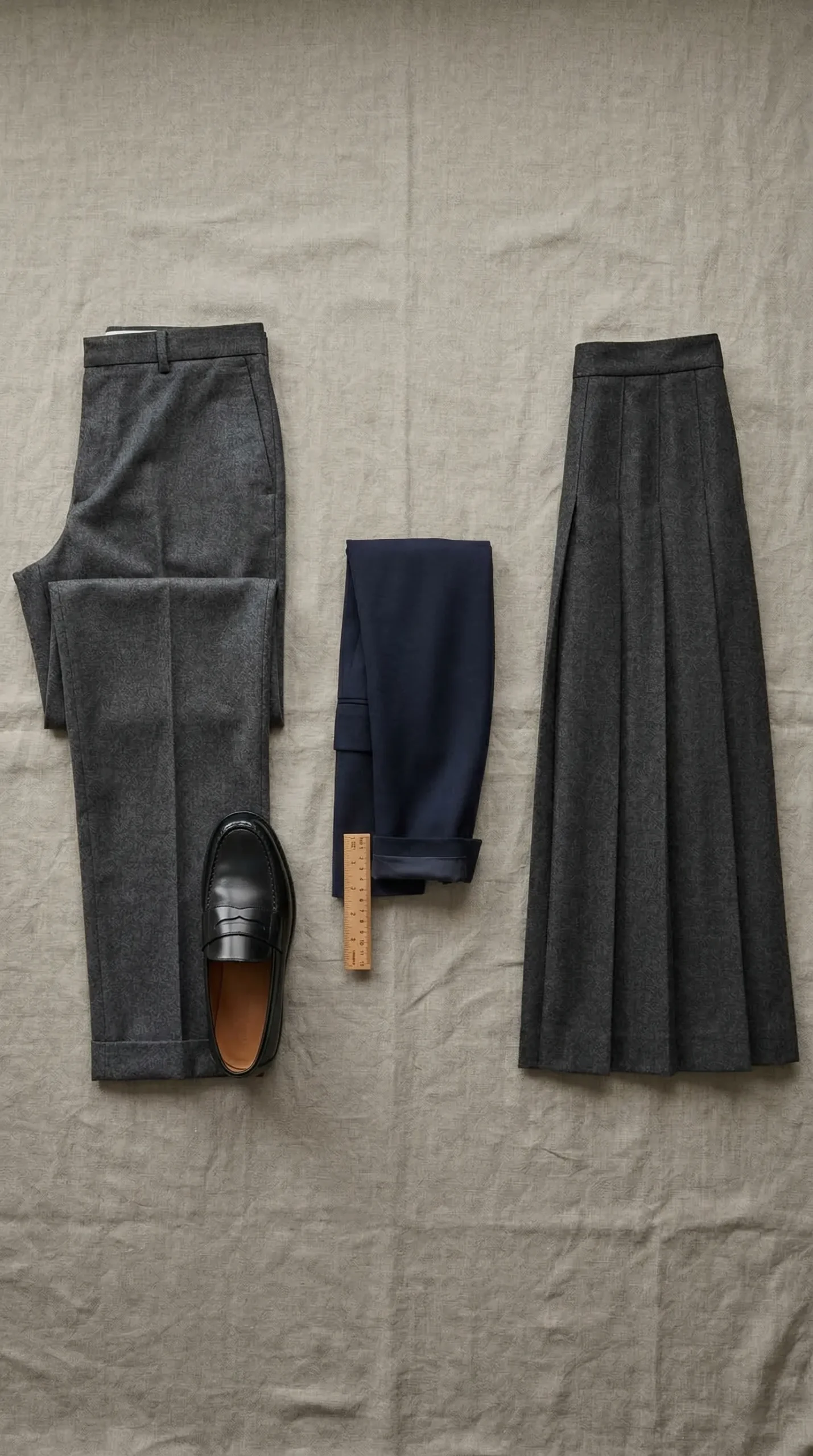 Flat lay overview showing trouser with loafer, blazer sleeve with ruler, and midi skirt — the three hem relationships