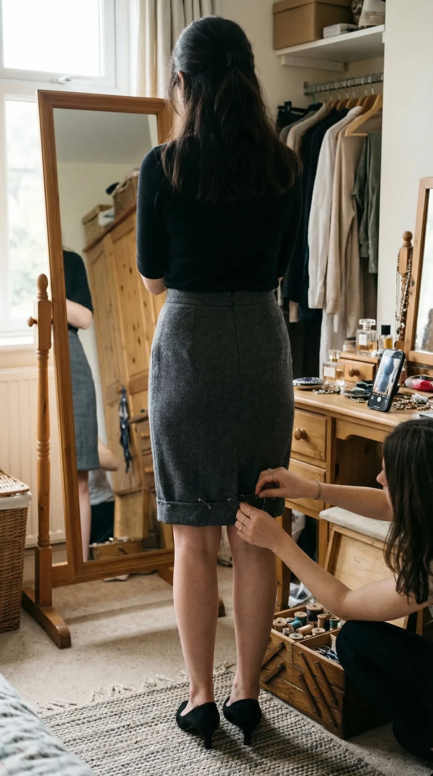 Woman standing in front of mirror while friend pins the skirt hem at different lengths to find the most flattering point