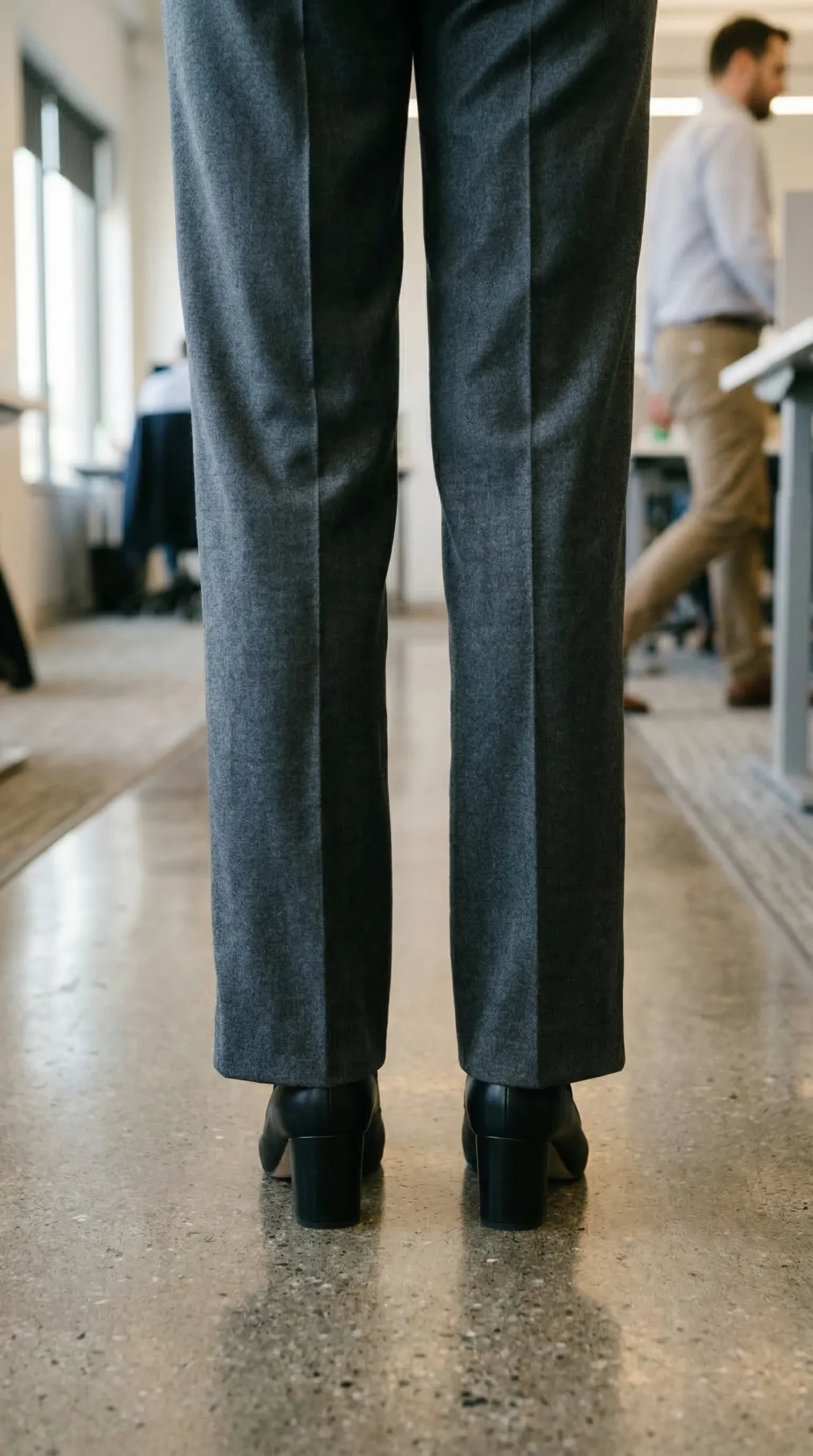 Back view of trouser hem showing a single clean break where fabric meets block heel shoe — the correct half-break
