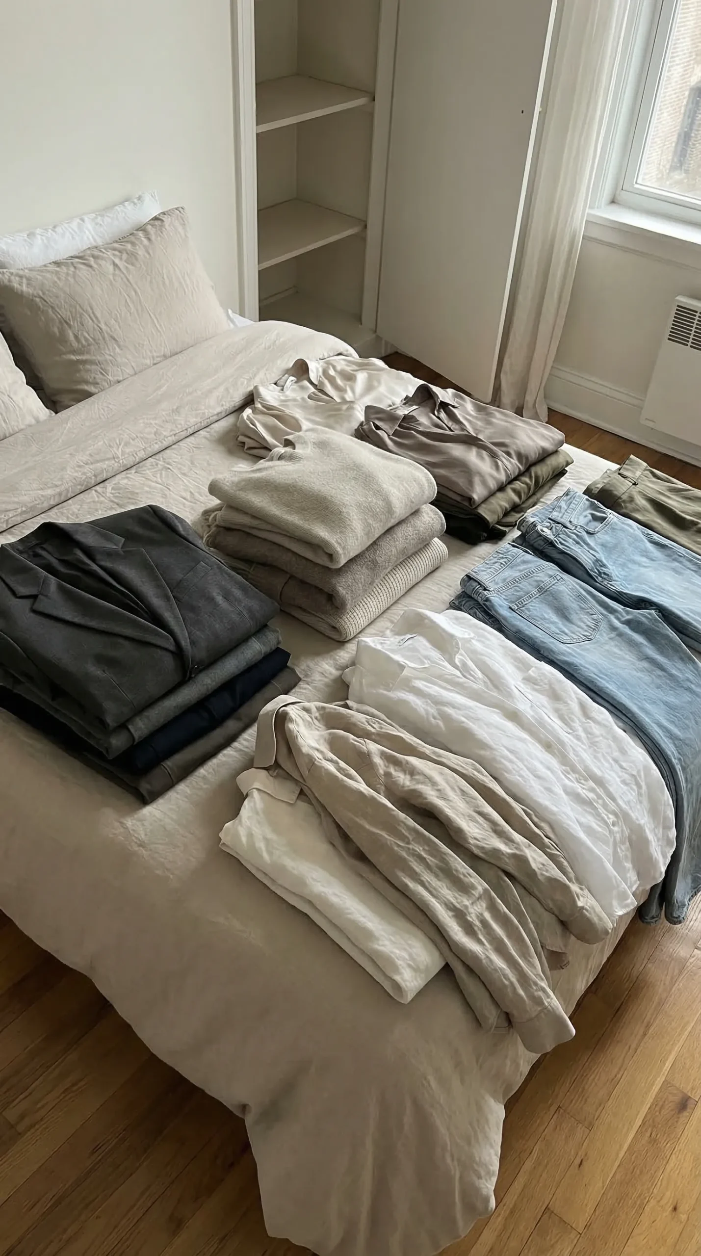 Clothes emptied from a wardrobe onto a bed sorted into three visible fabric piles