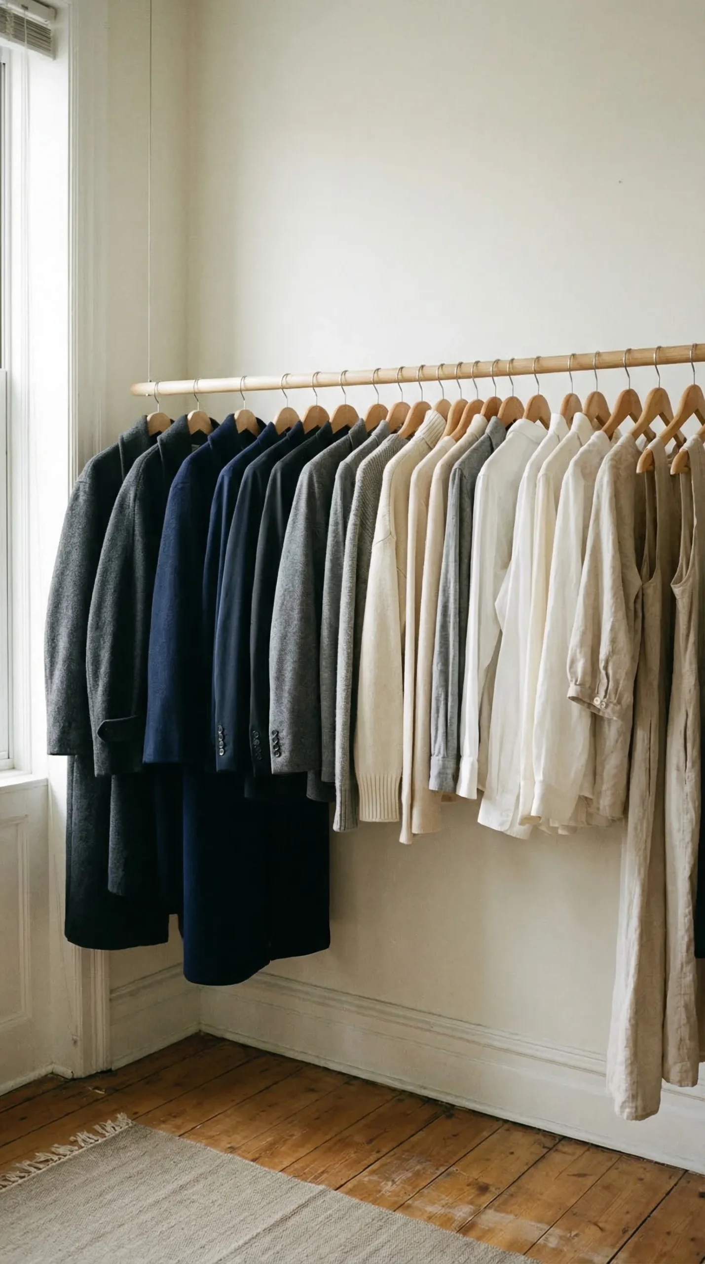 Neatly organised wardrobe rail with clothes sorted by fabric weight from structured to soft