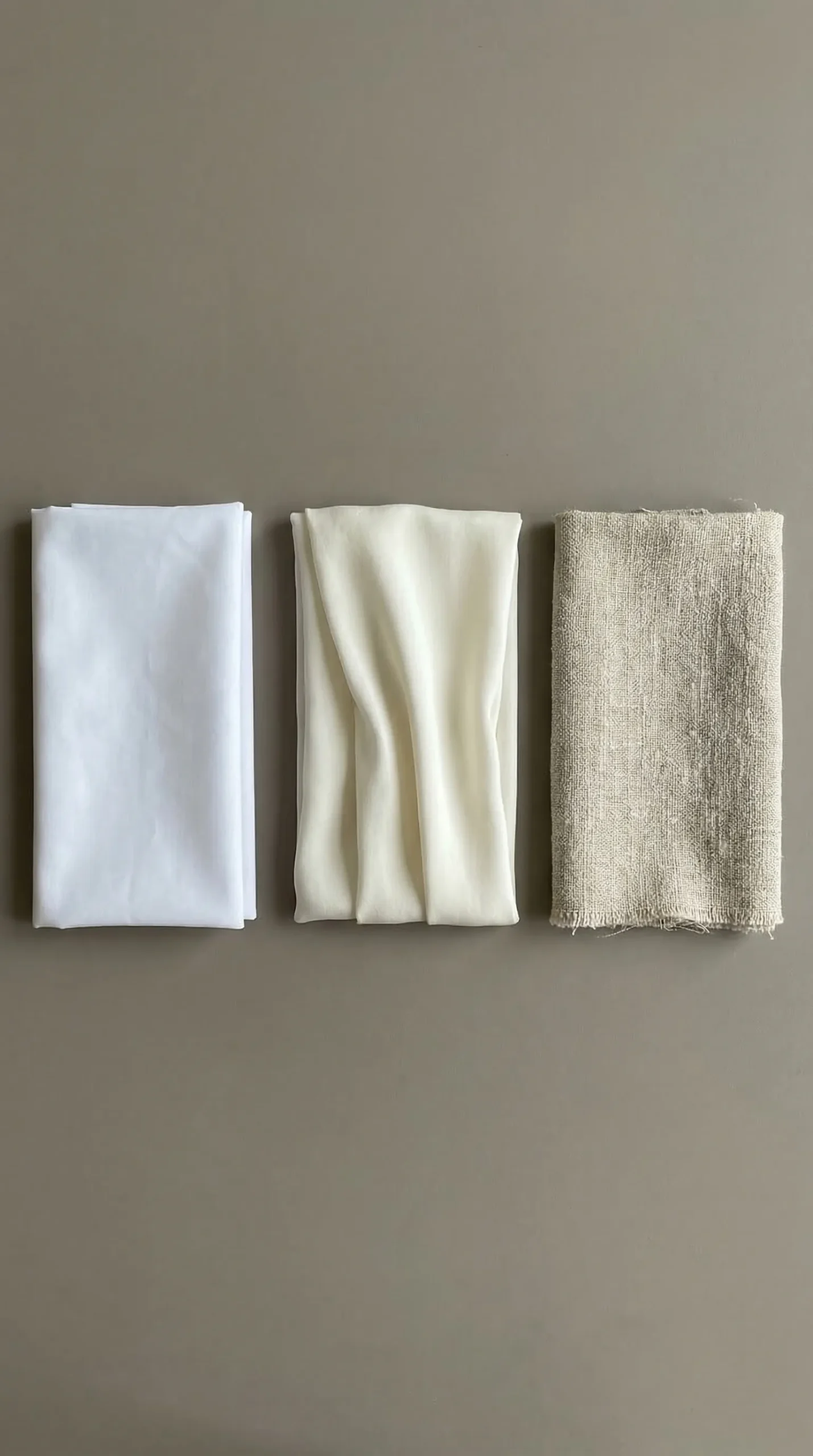 Three fabric swatches side by side — crisp cotton poplin, soft viscose, and textured linen representing the three formality tiers