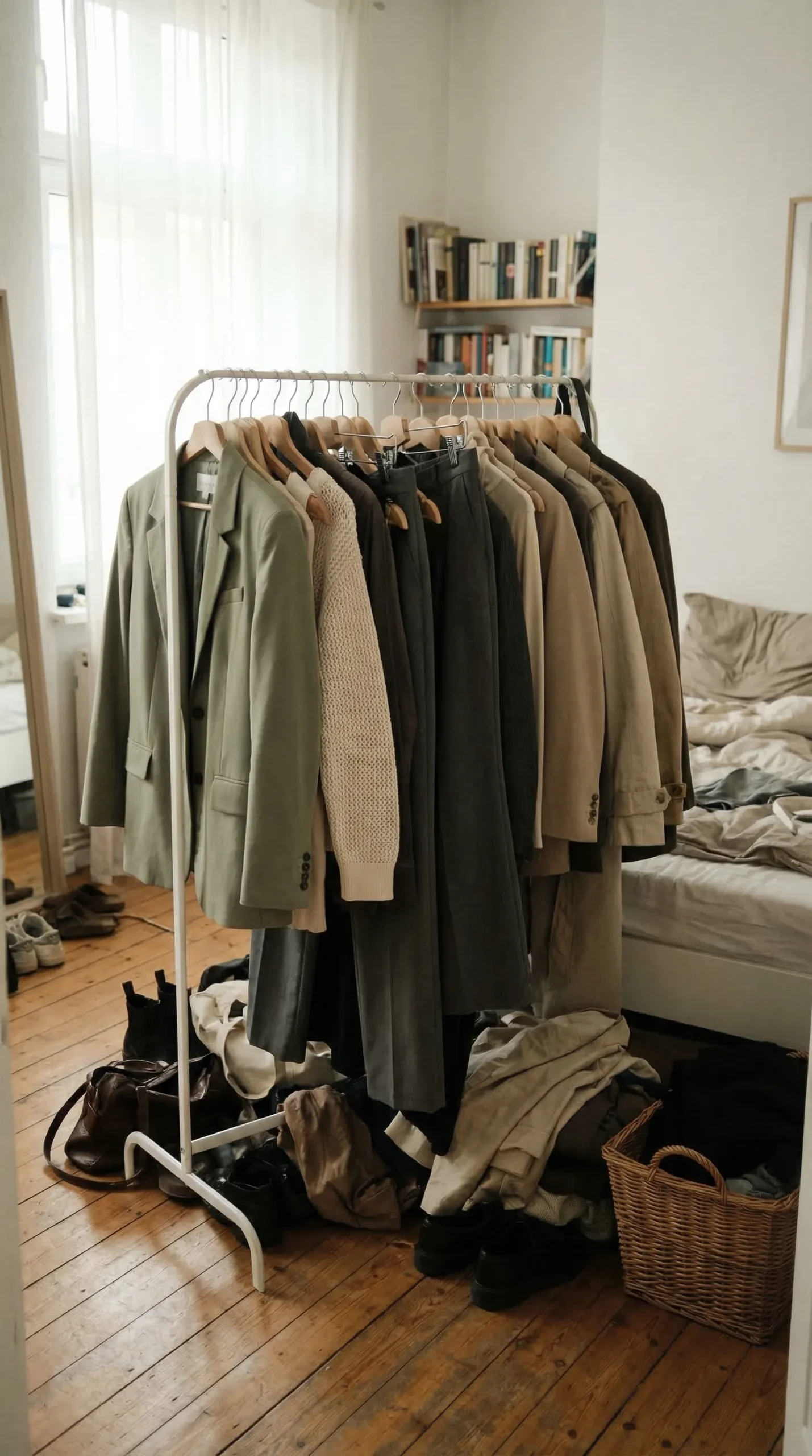 Overfull wardrobe rail with muted toned clothes packed tightly together