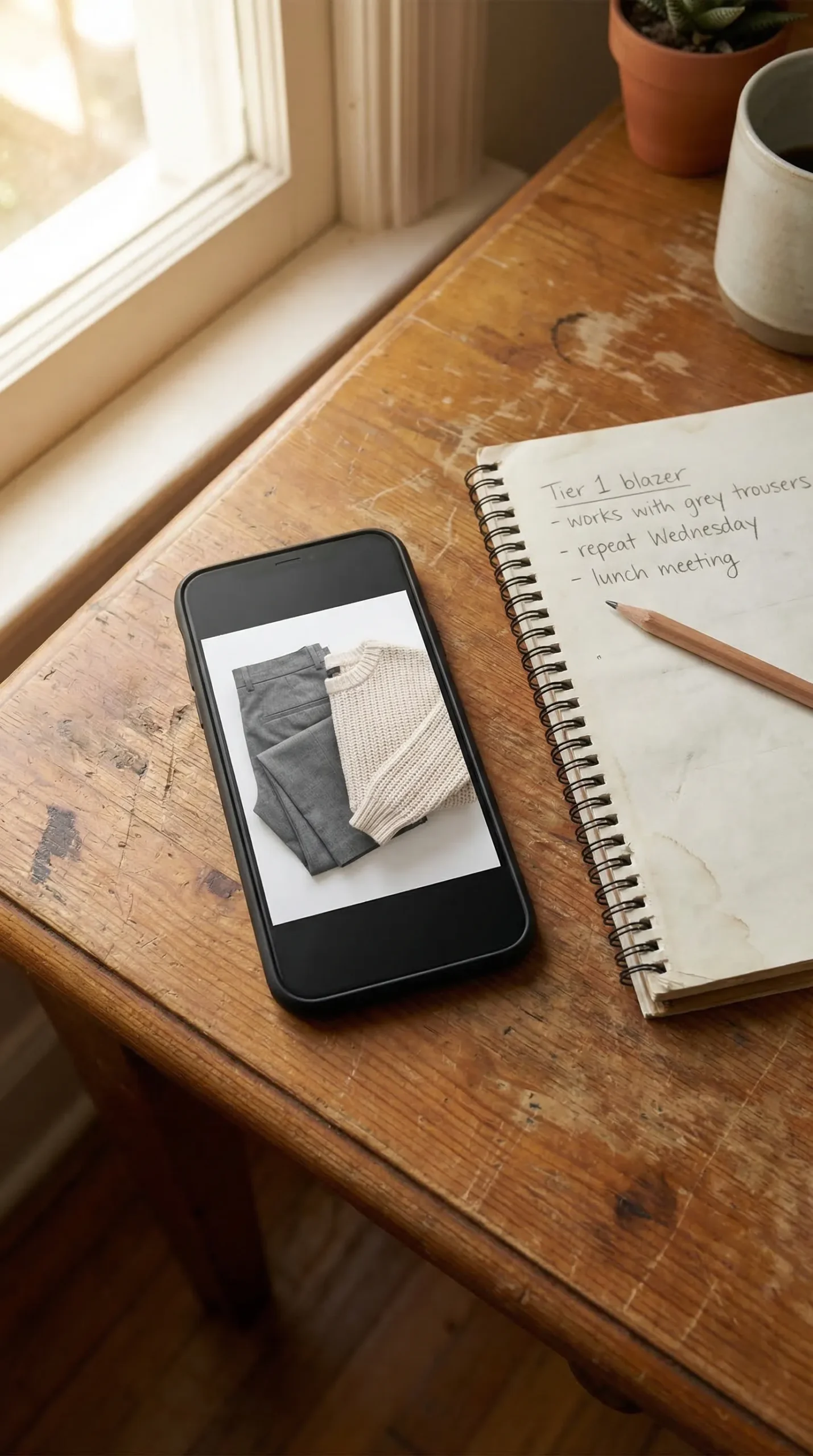 Smartphone on a bedside table showing a documented outfit photo next to a handwritten notebook