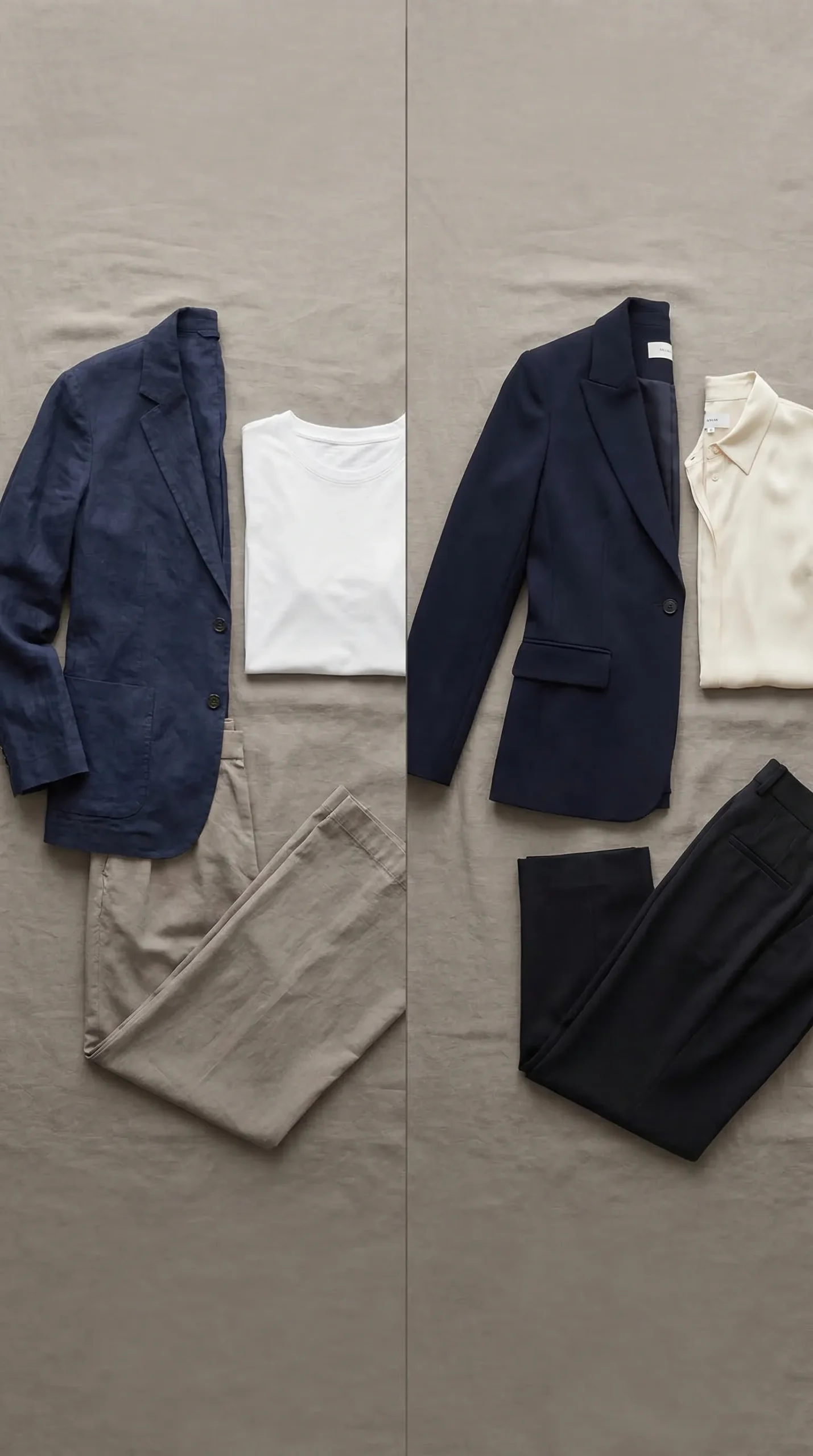 Flat lay showing a correct tier combination — crisp blazer with soft viscose layer over textured linen trousers