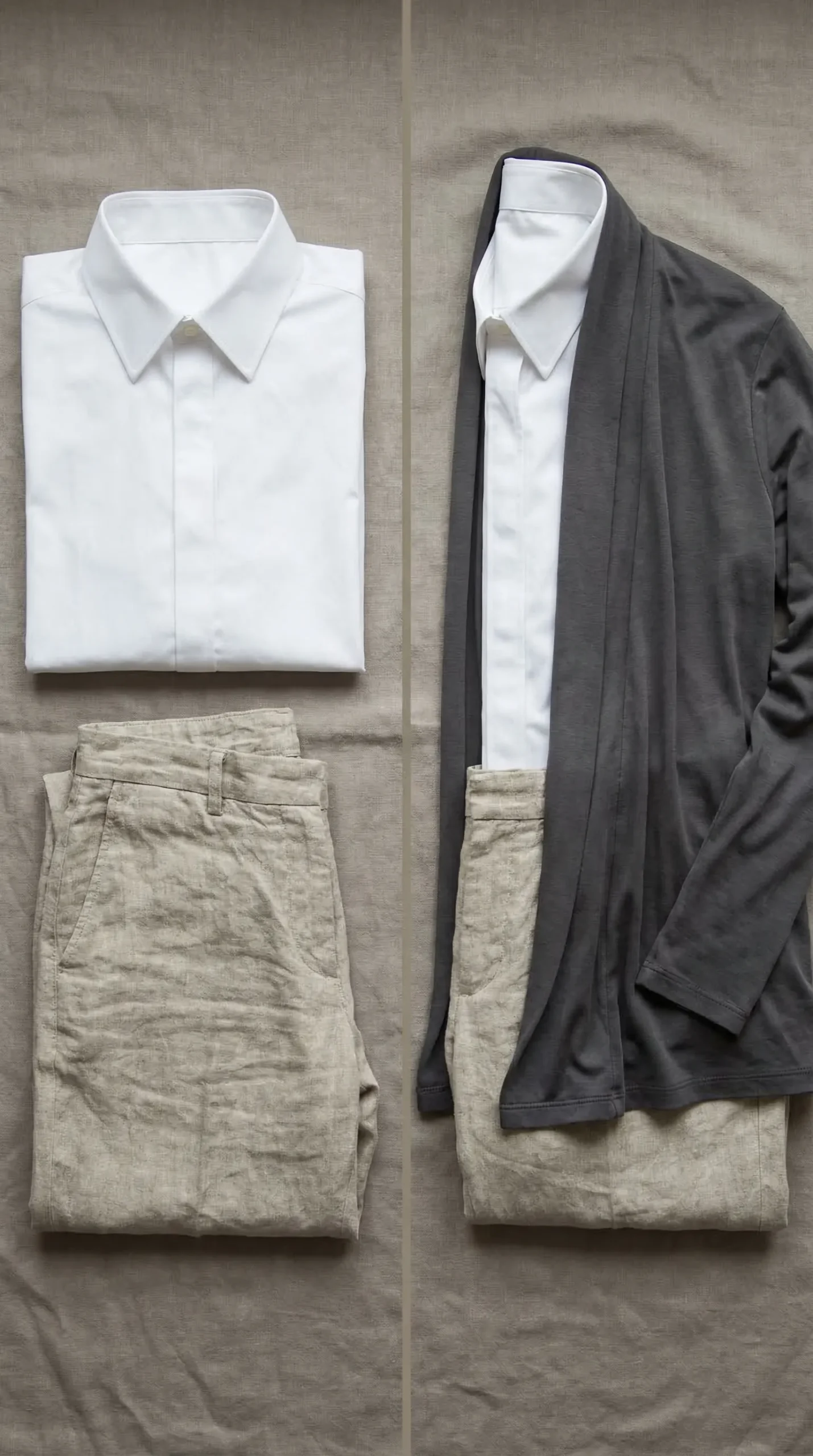 Two navy blazers side by side — linen versus wool-crepe — showing incompatible fabric registers