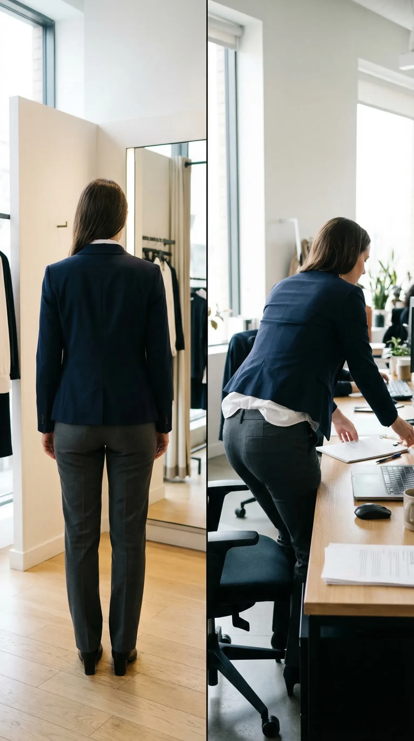 Split image: left side woman standing in fitting room with polished tucked outfit, right side same woman leaning over office desk with blouse visibly untucked
