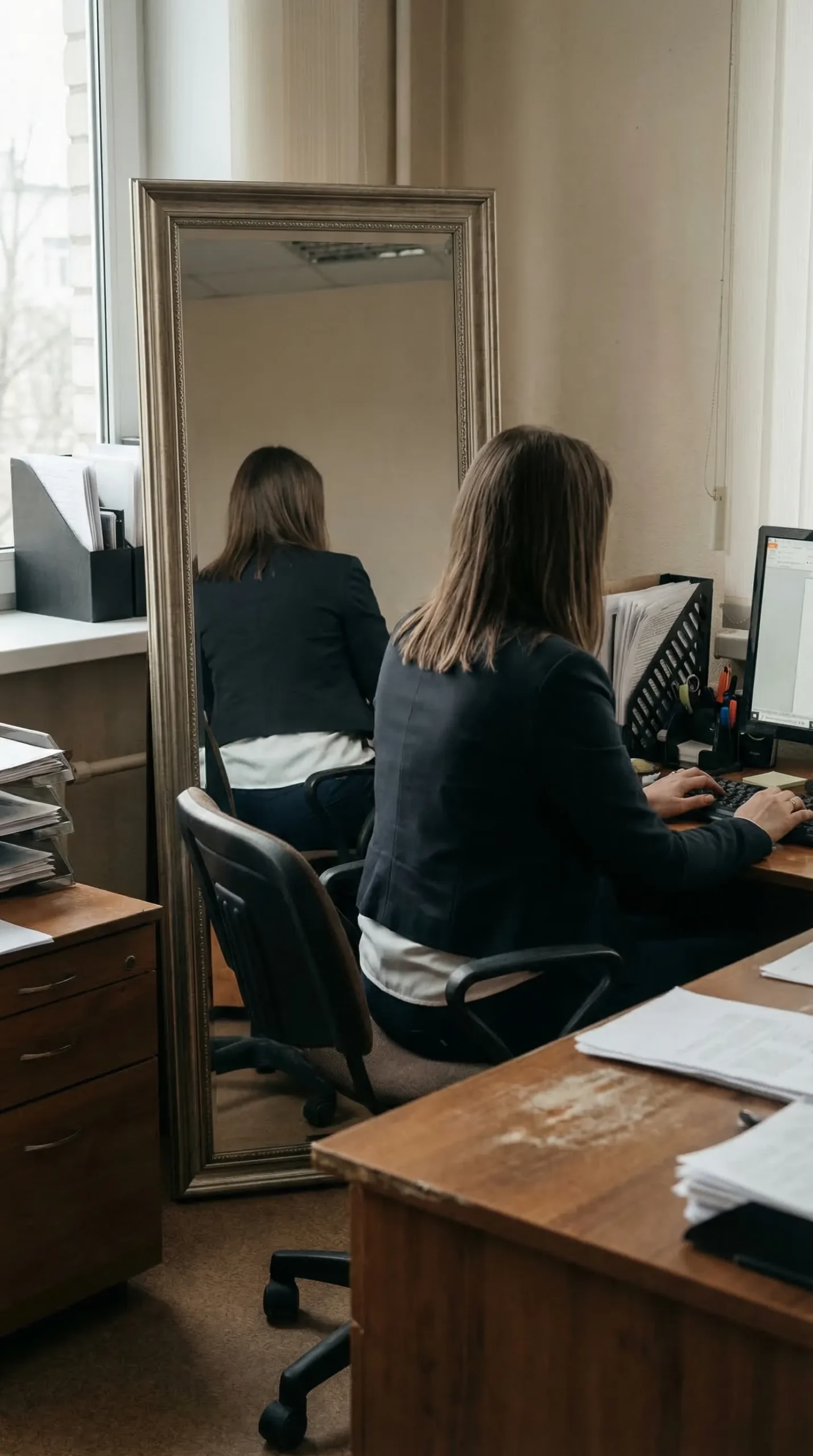 Woman seated at office desk with full-length mirror behind her showing the back of her outfit — the seated reality check