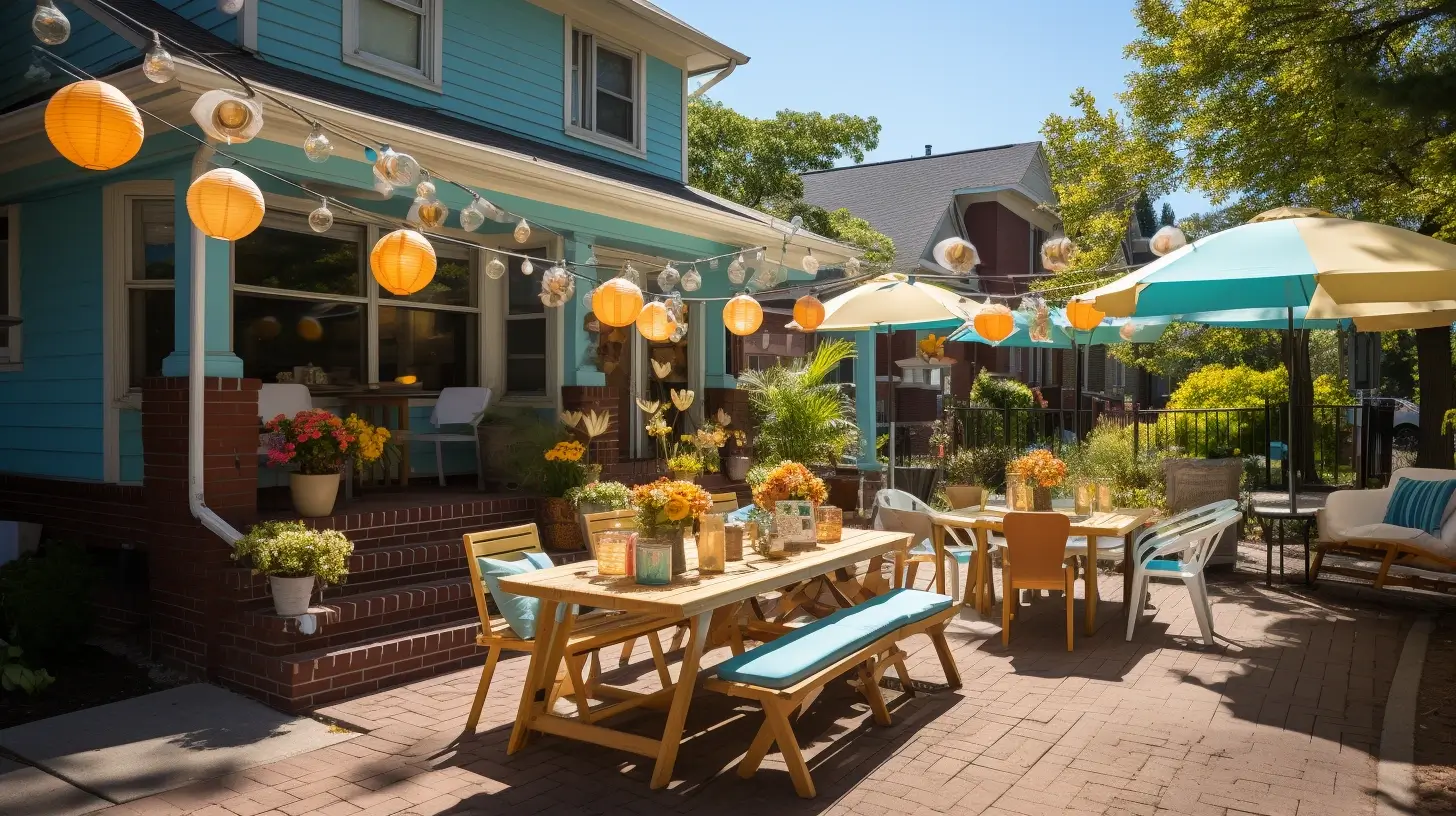 1. A turquoise house with a garden with tables and benches Neighborhood Event Ideas