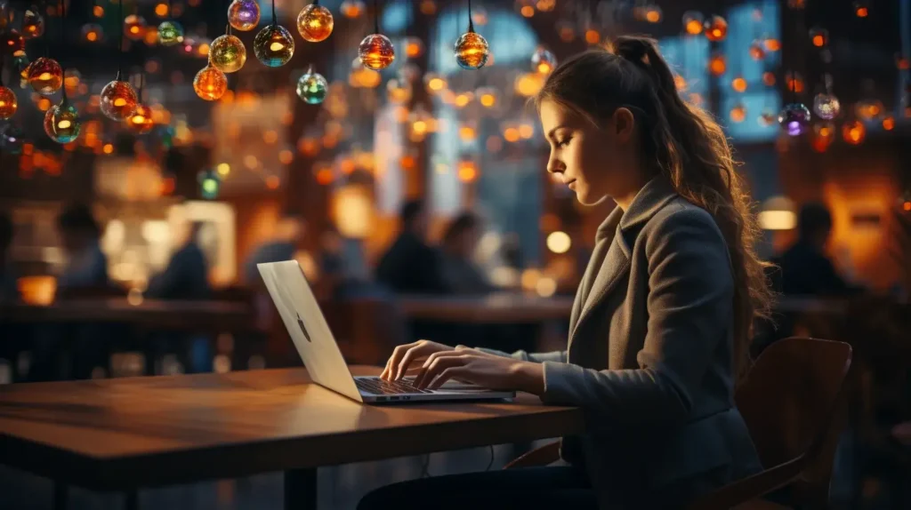 woman sits at a table and works on a laptop
