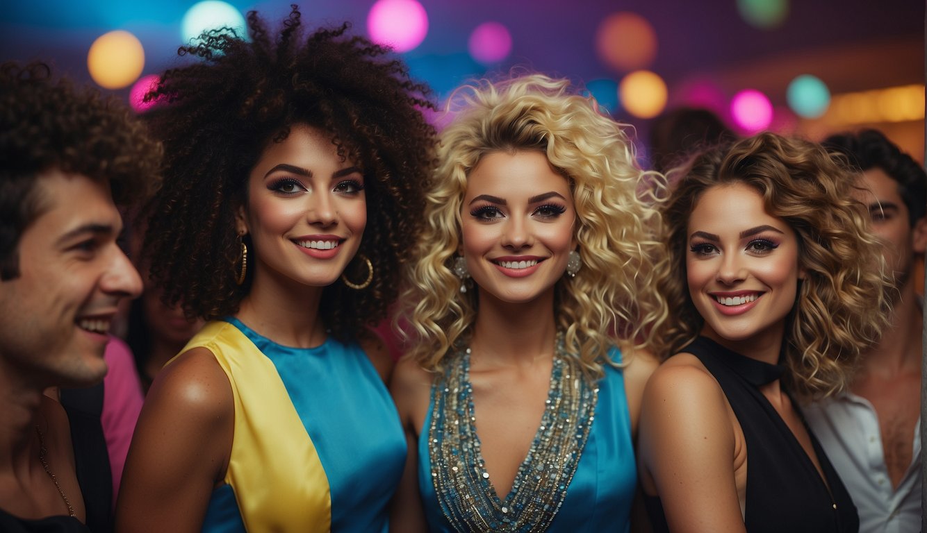 A group of people at an 80s prom, with big, voluminous hair, bright colors, and bold makeup, dancing and socializing in a vibrant and energetic atmosphere 80s Prom Hair