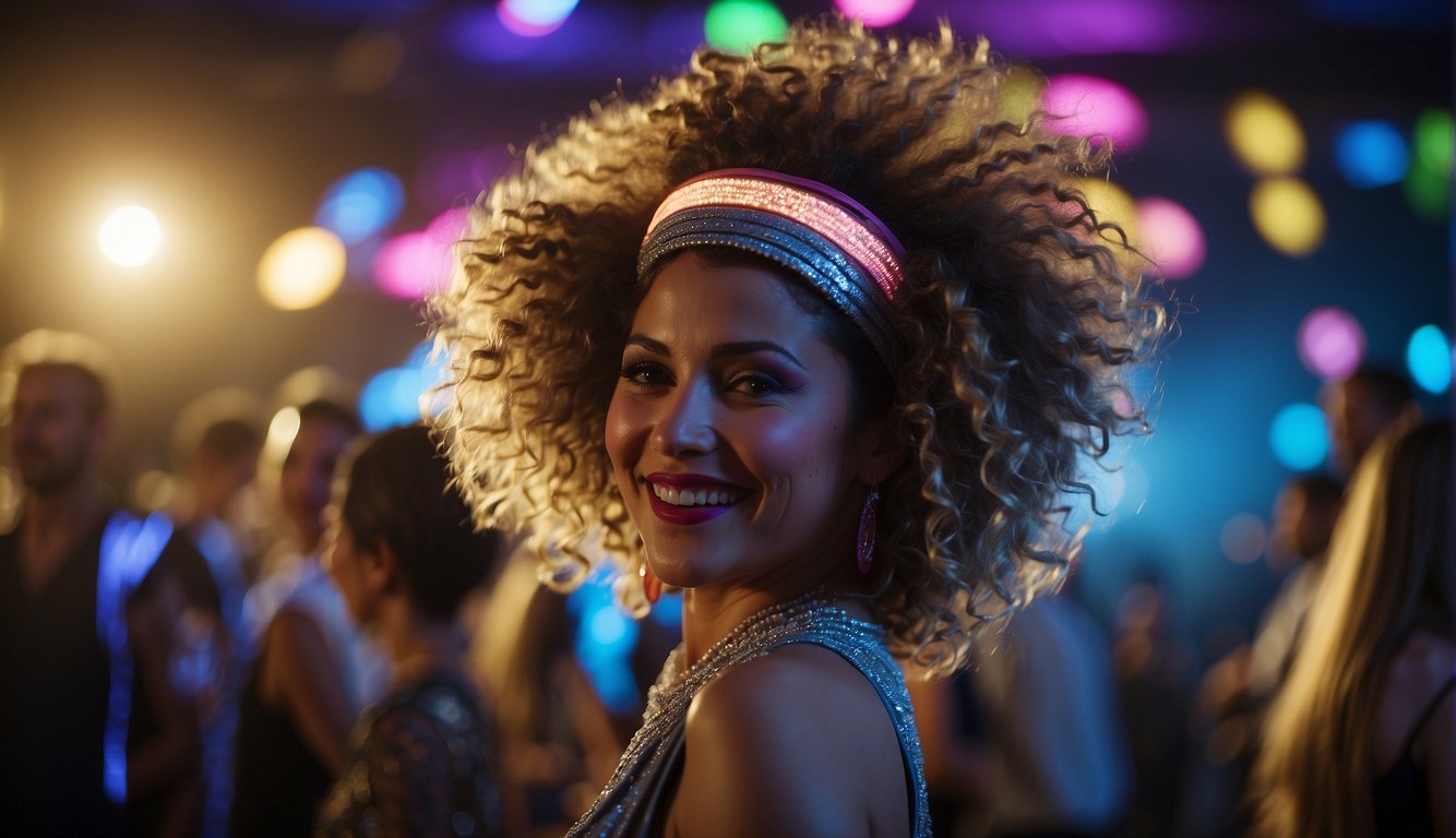 A woman with big, teased hair and a bold headband dances at a neon-lit 80s prom 80s Prom Hair