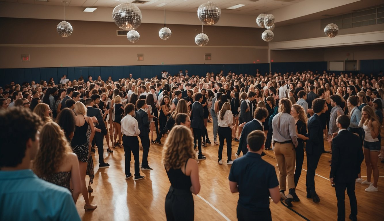 A high school gym filled with students in formal attire, showcasing big, voluminous hairdos typical of 80s prom fashion. Disco ball illuminates the crowded dance floor 80s Prom Hair